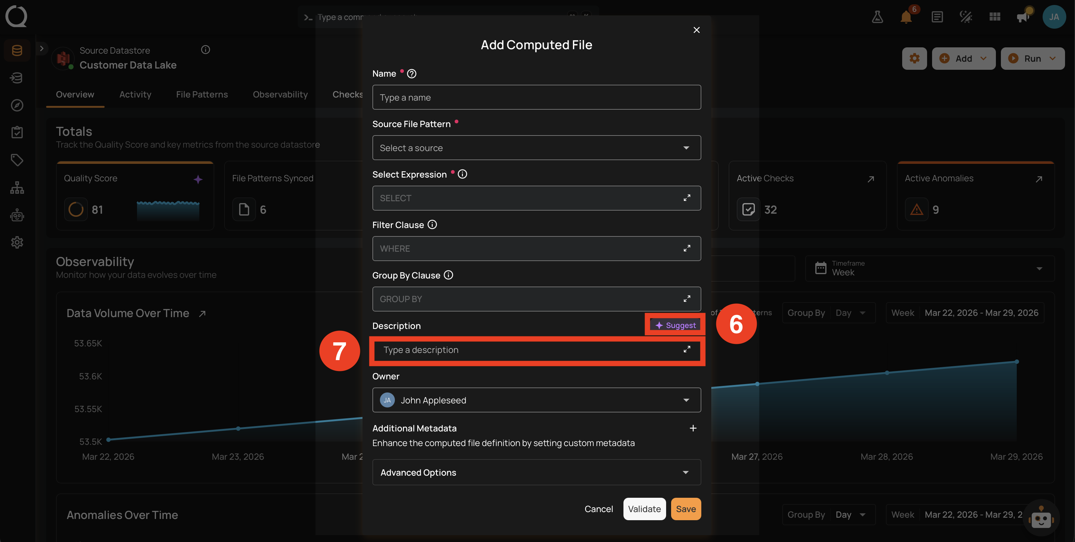 Fields reference 2: Filter Clause, Group By Clause, Suggest button, and Description