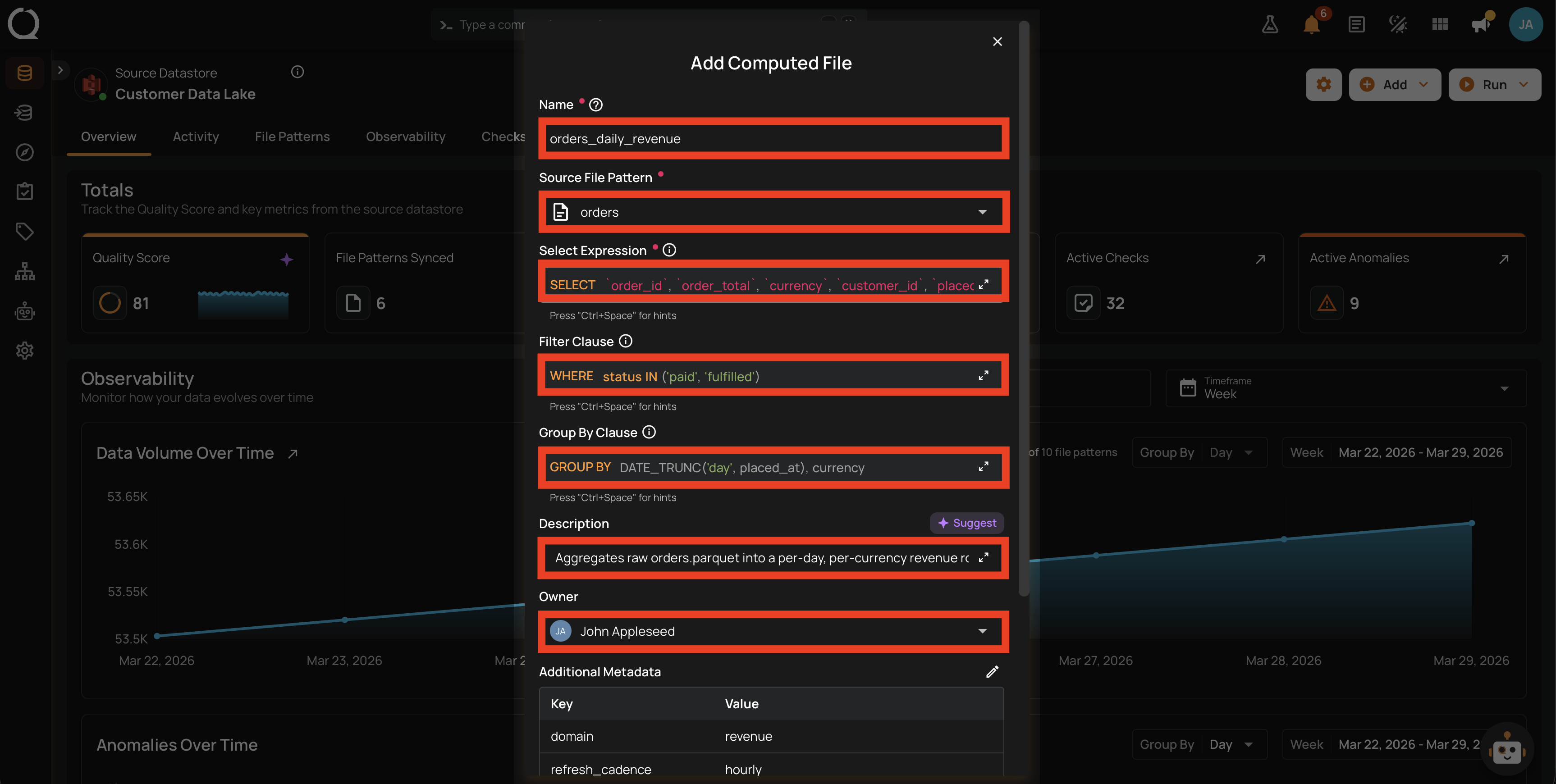 Add Computed File modal filled with an example name, source file, select expression, description, owner, and metadata
