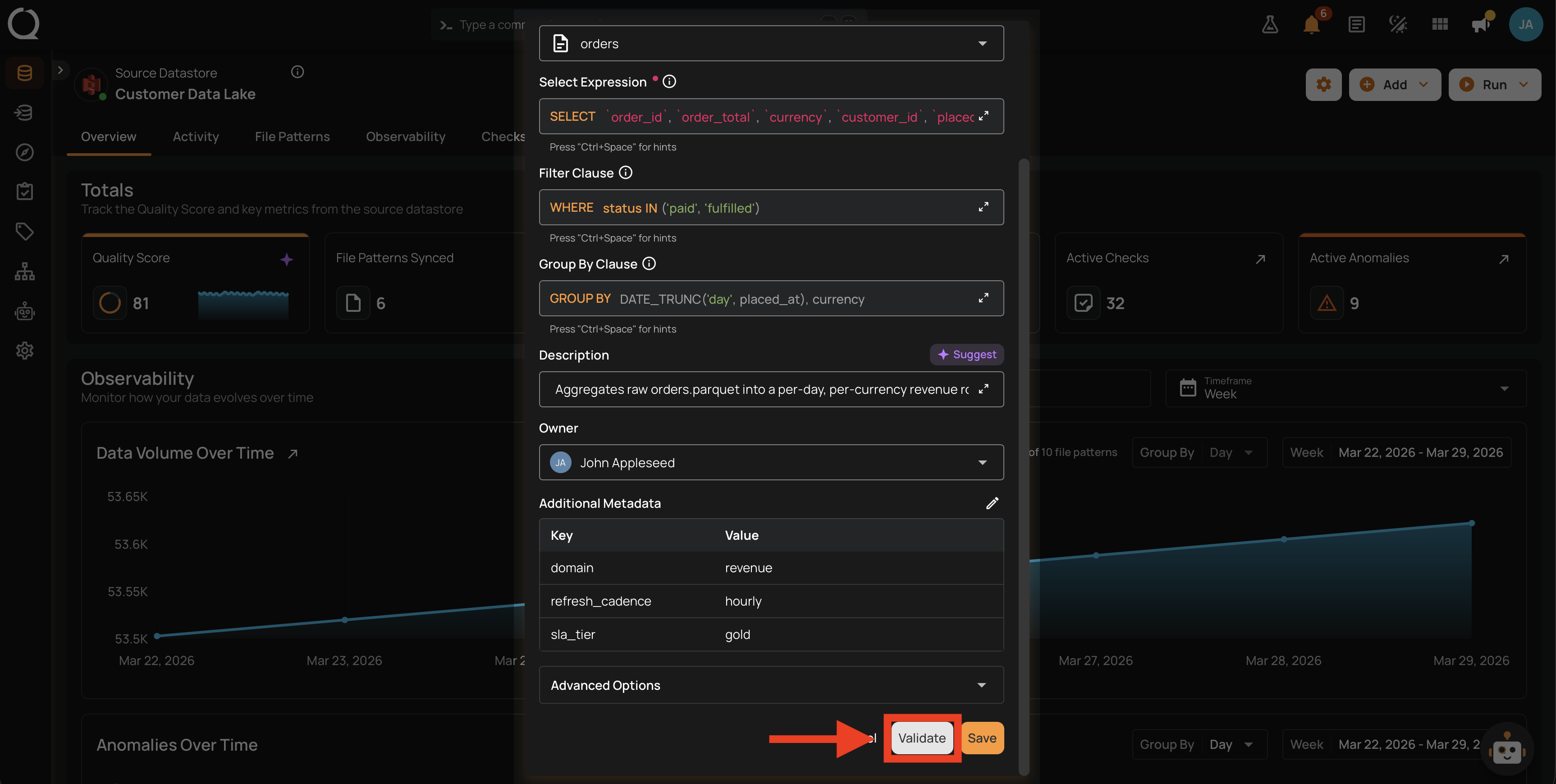 Validate button highlighted at the bottom of the modal