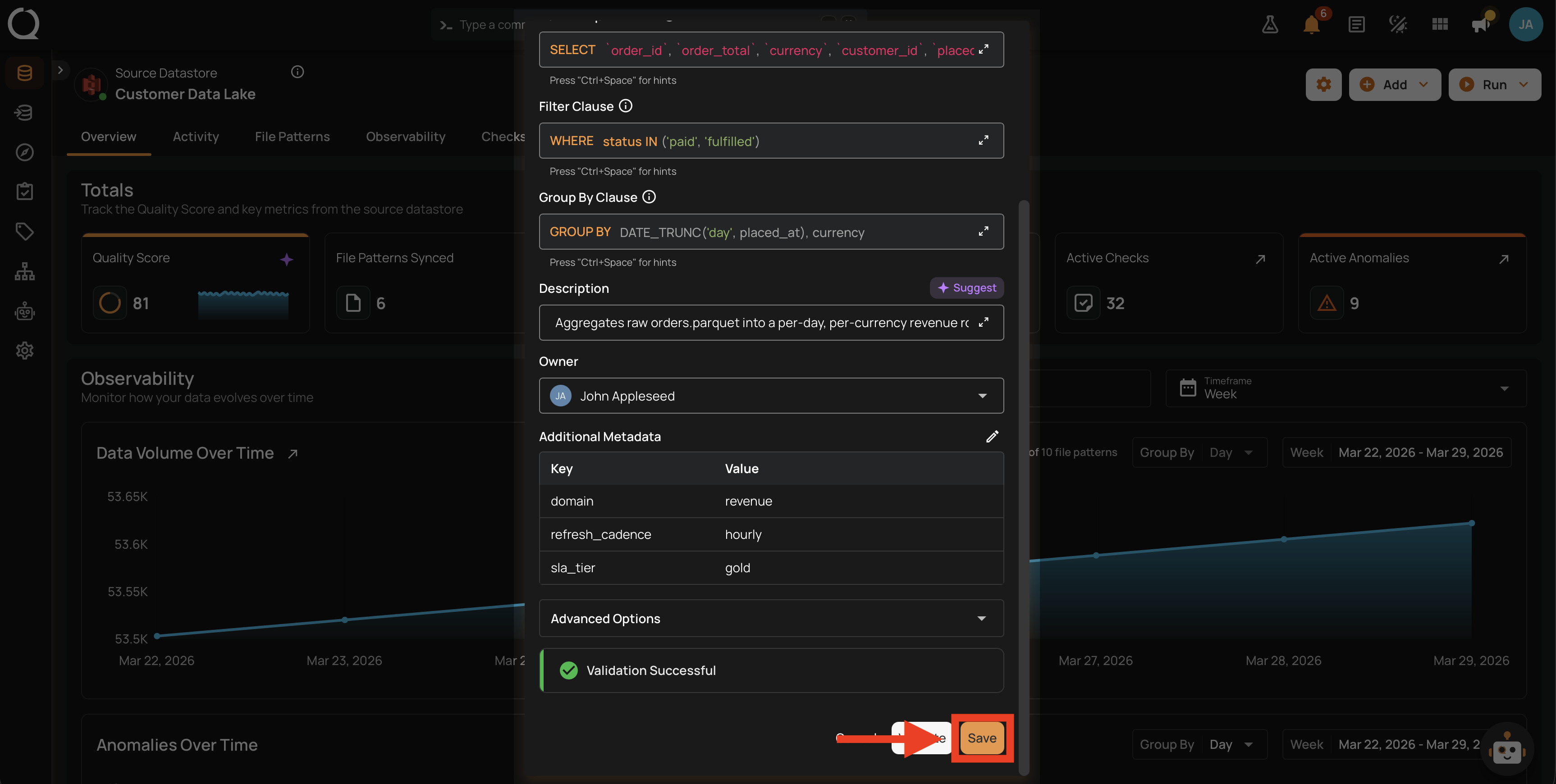 Validation success message shown above the Save button