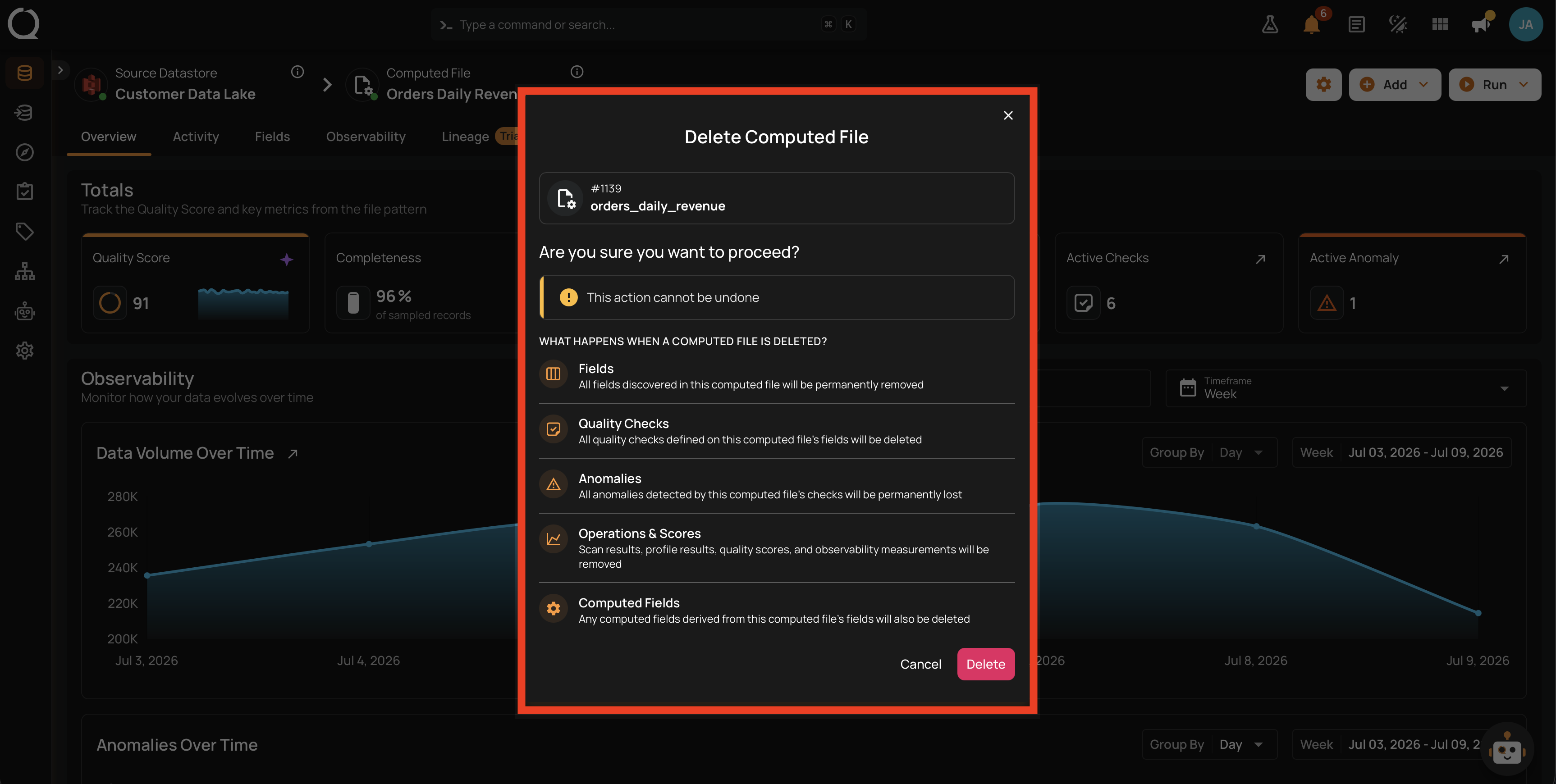 Delete confirmation dialog listing effects