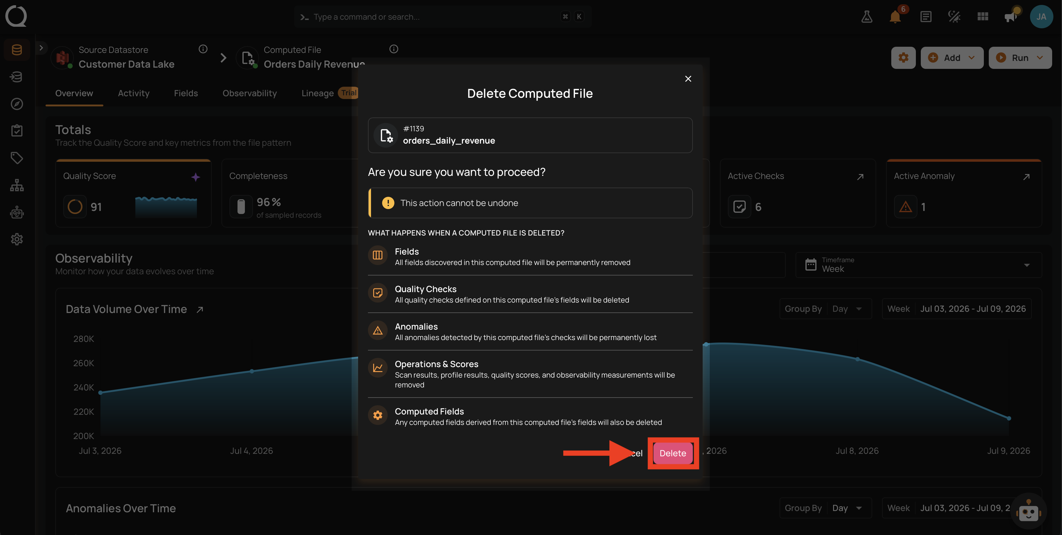 Confirm button highlighted in the delete dialog