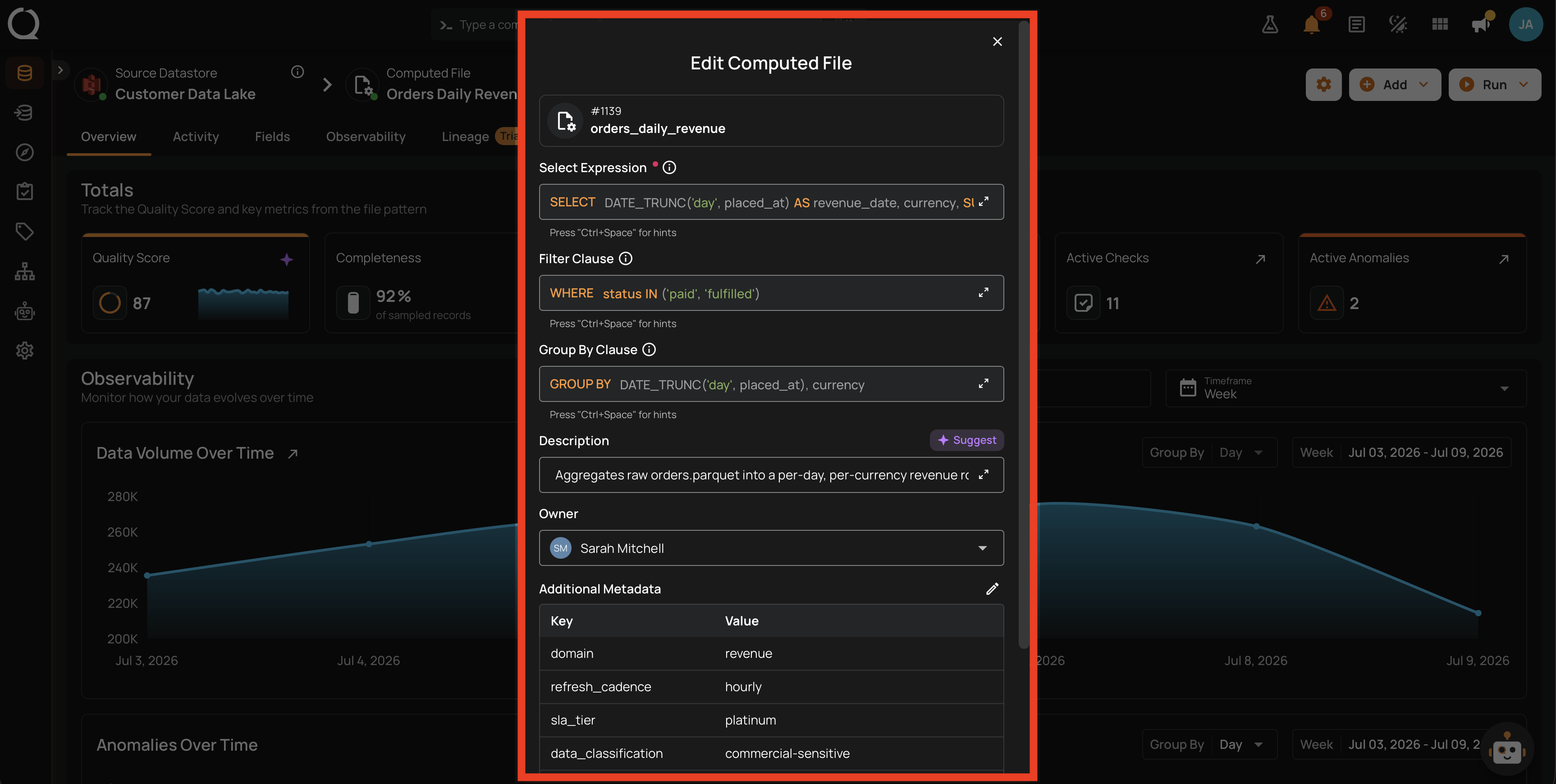 Edit Computed File modal with the current values already filled in