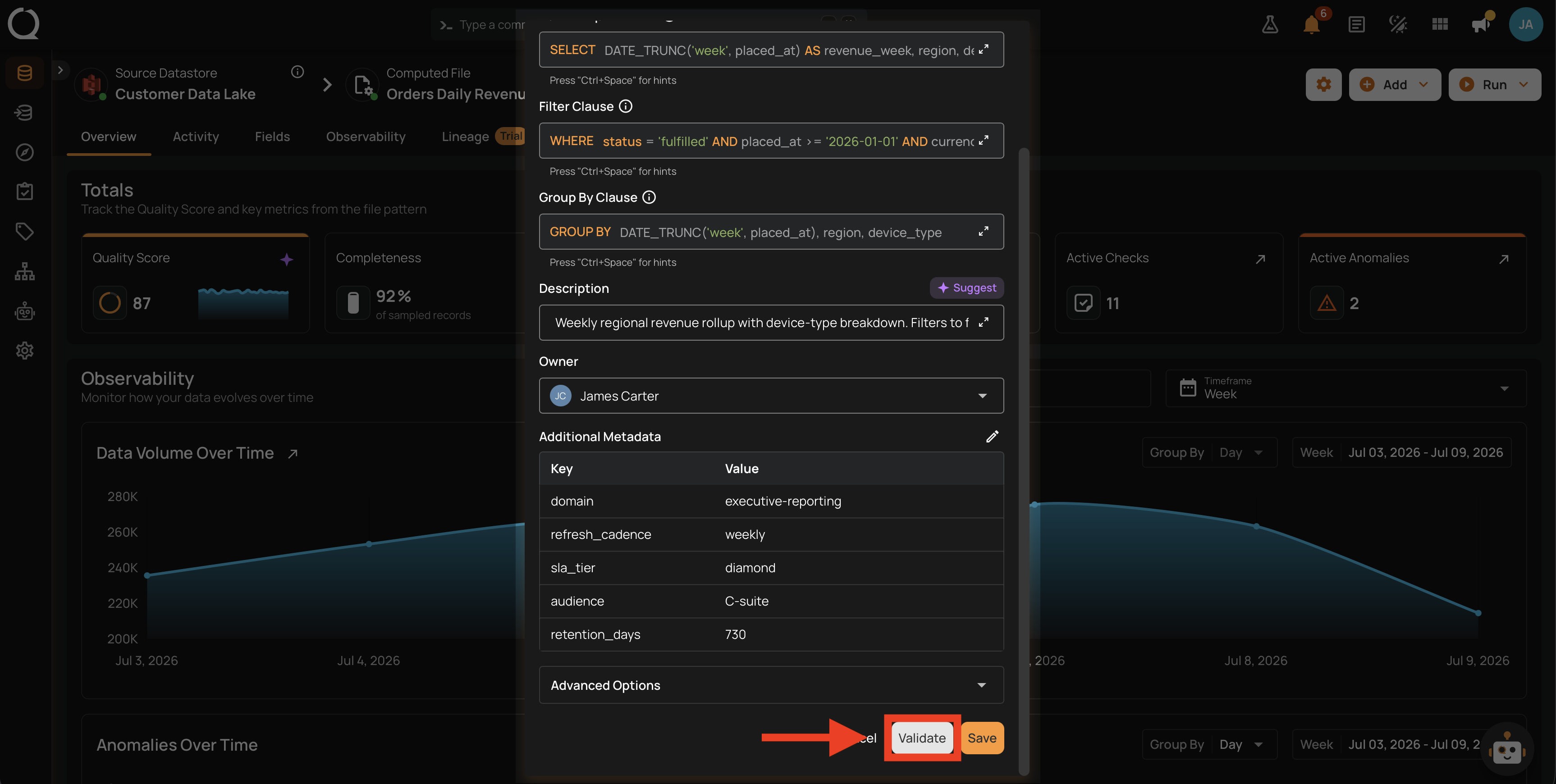 Validate button highlighted at the bottom of the Edit modal