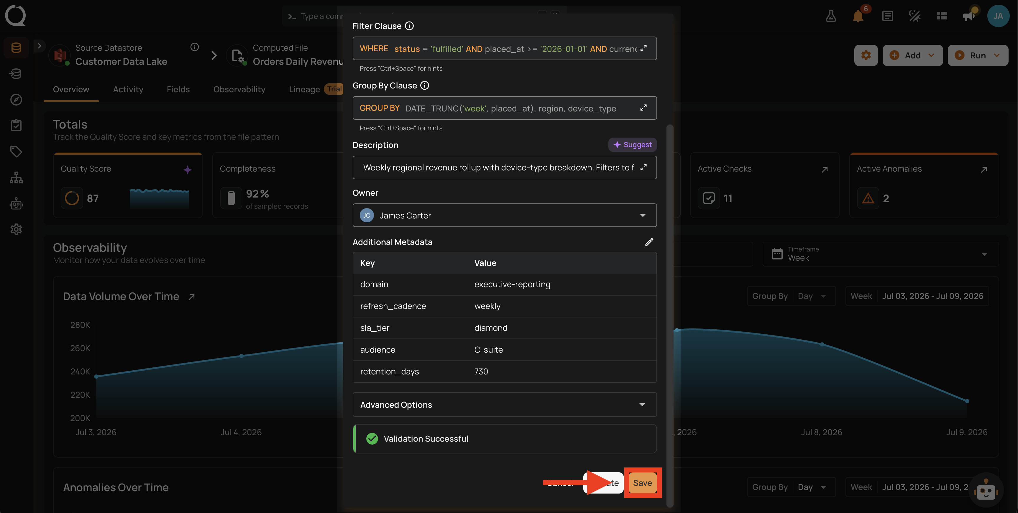 Save button highlighted after successful validation