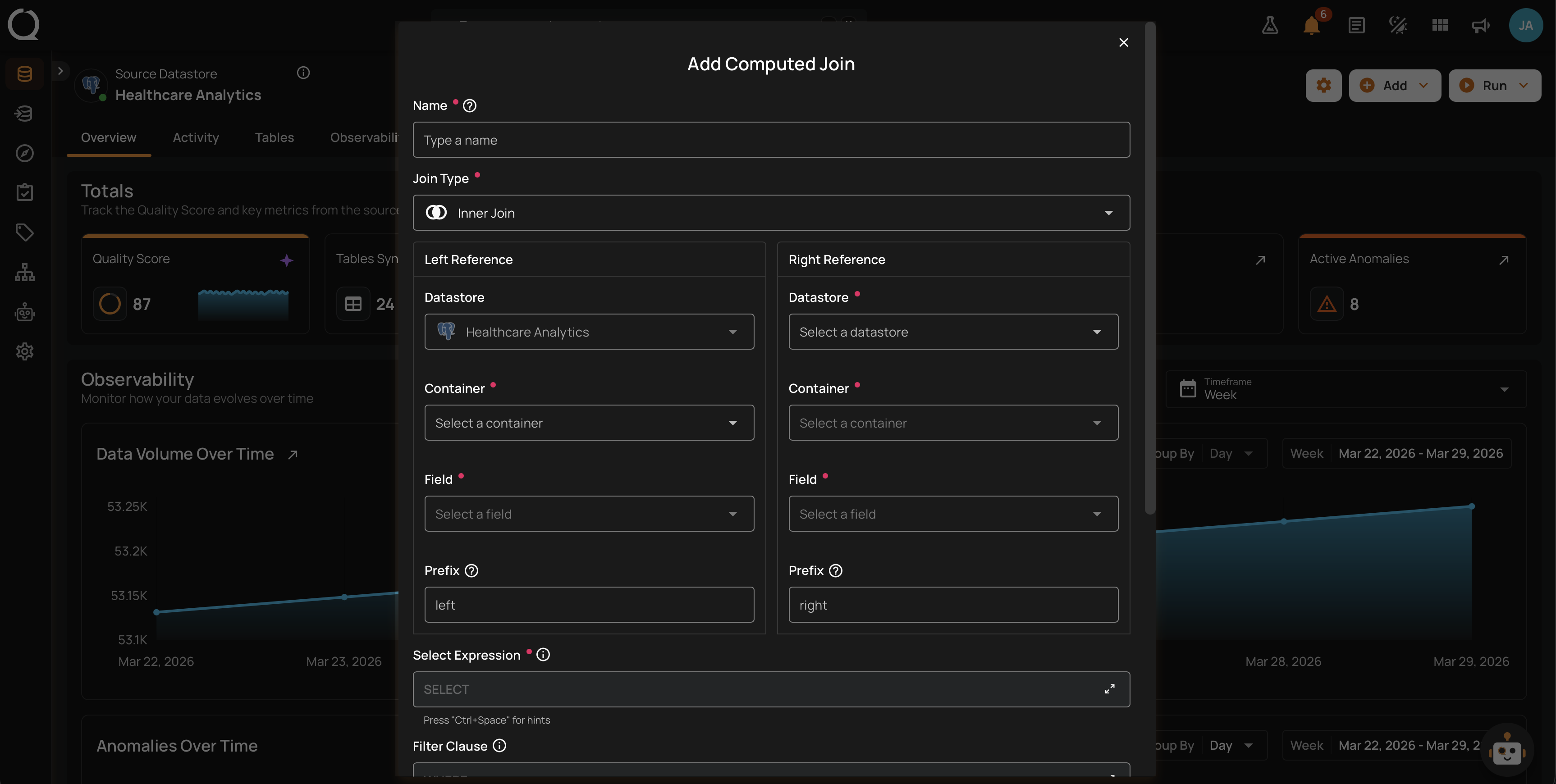 Add Computed Join form with left and right reference selectors, select expression, and filter clause