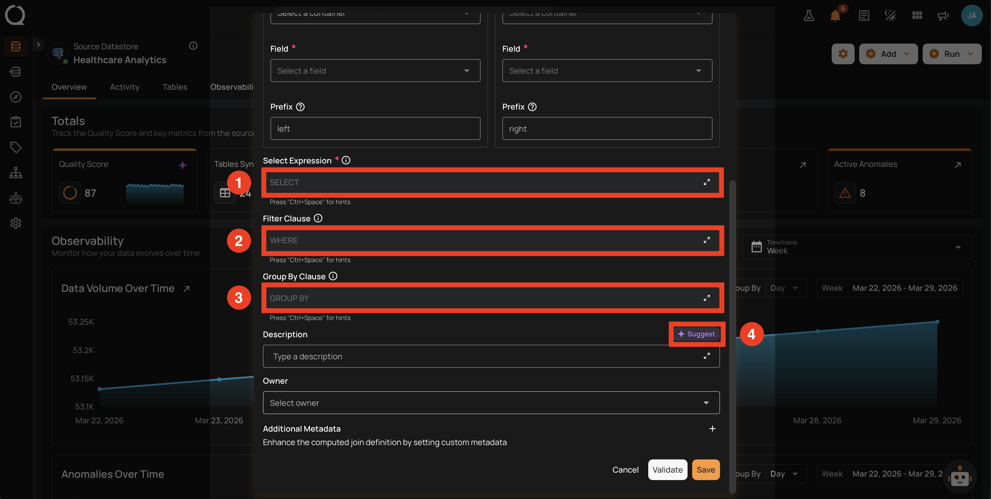 Select Expression, Filter Clause, and Group By Clause fields
