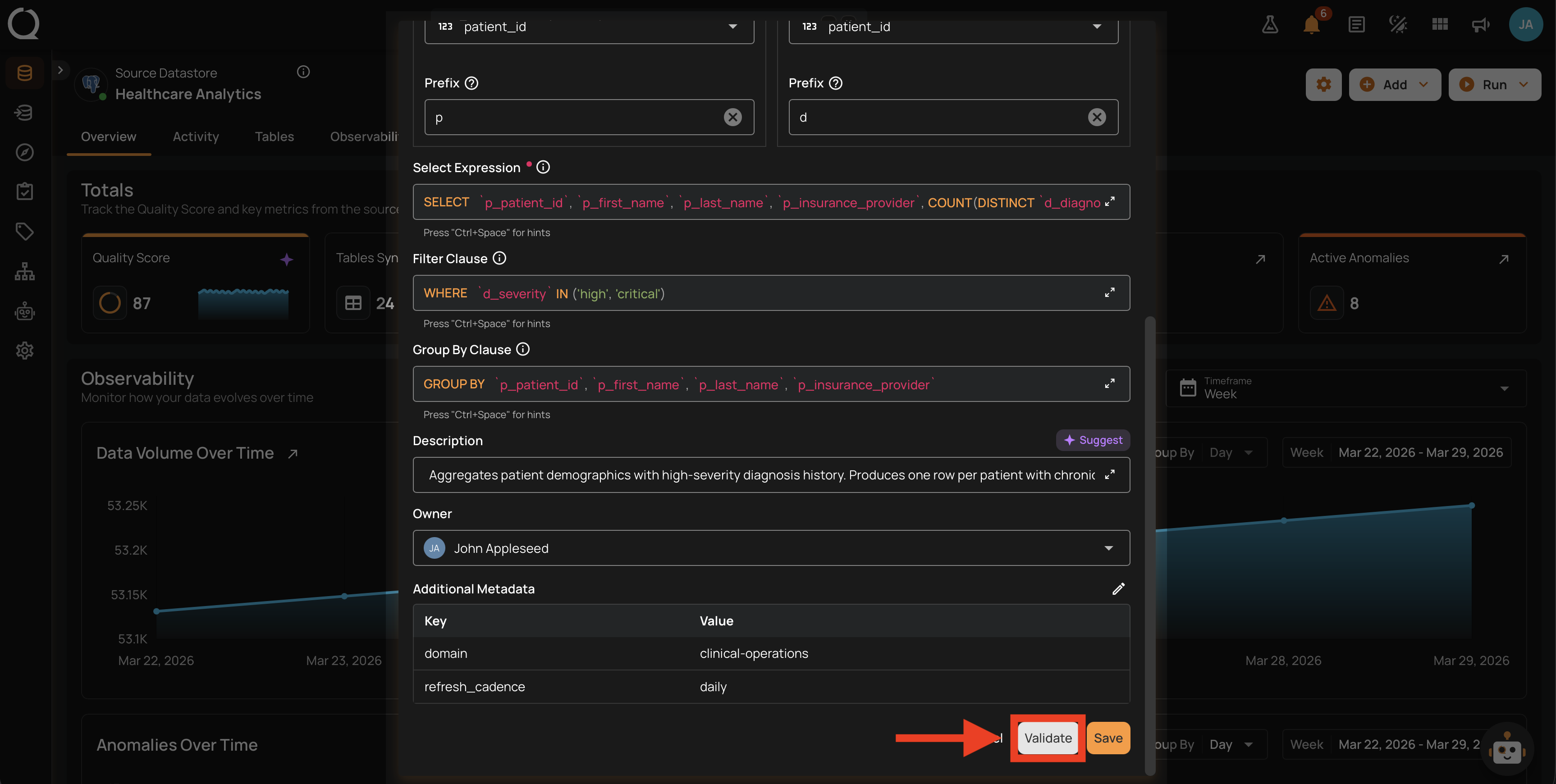 Validate button and successful validation banner