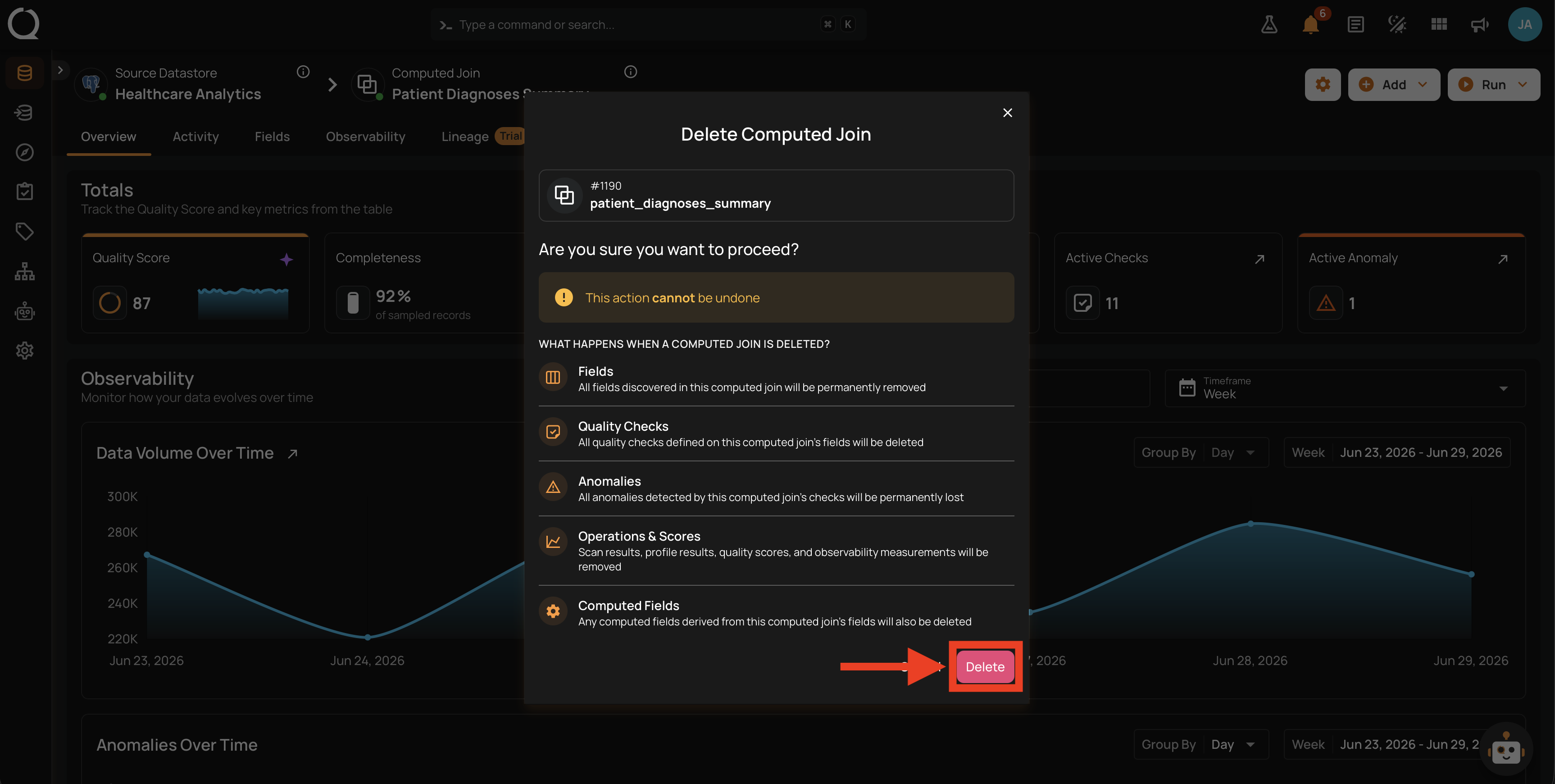 Confirm Delete button in the dialog
