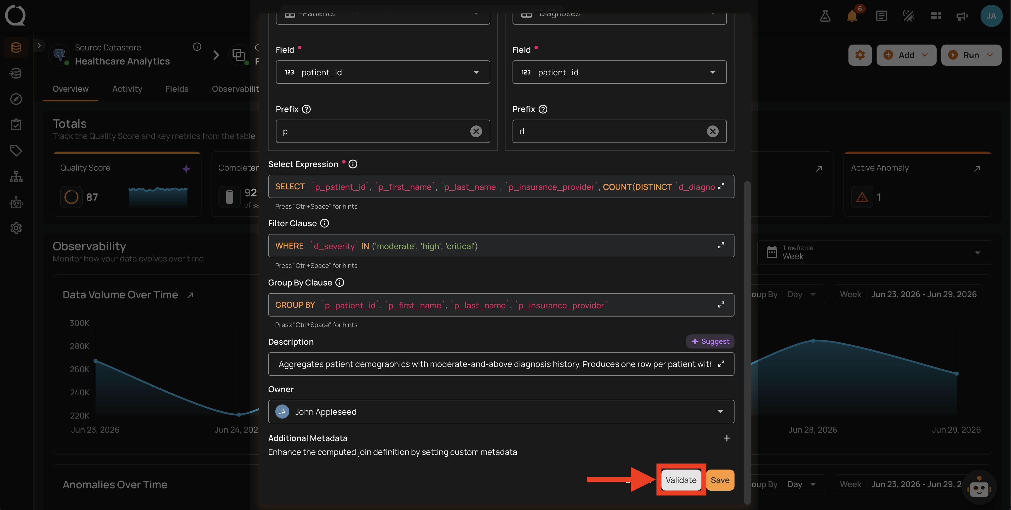 Validate button and successful validation banner