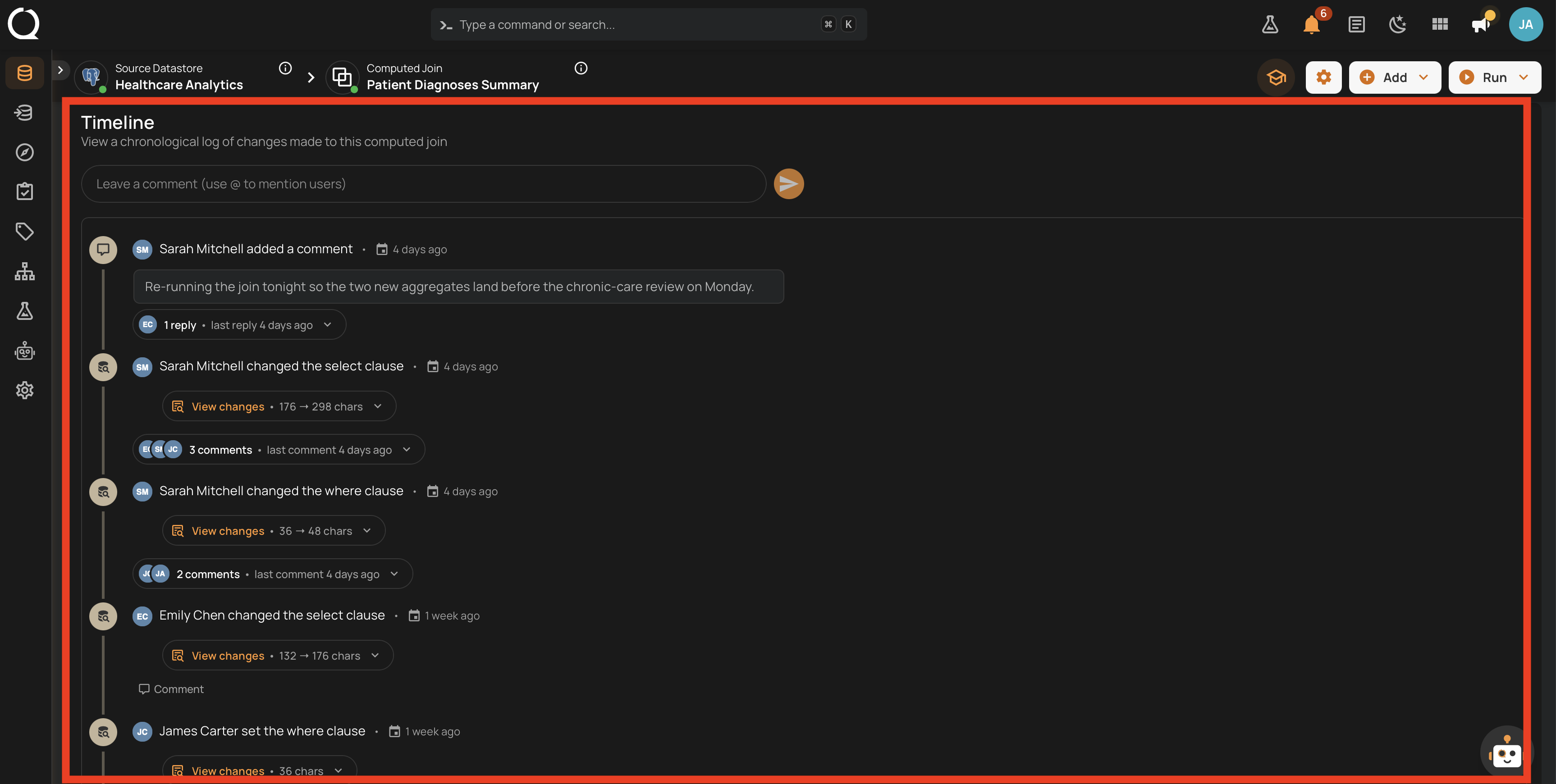 Timeline section showing recent revisions