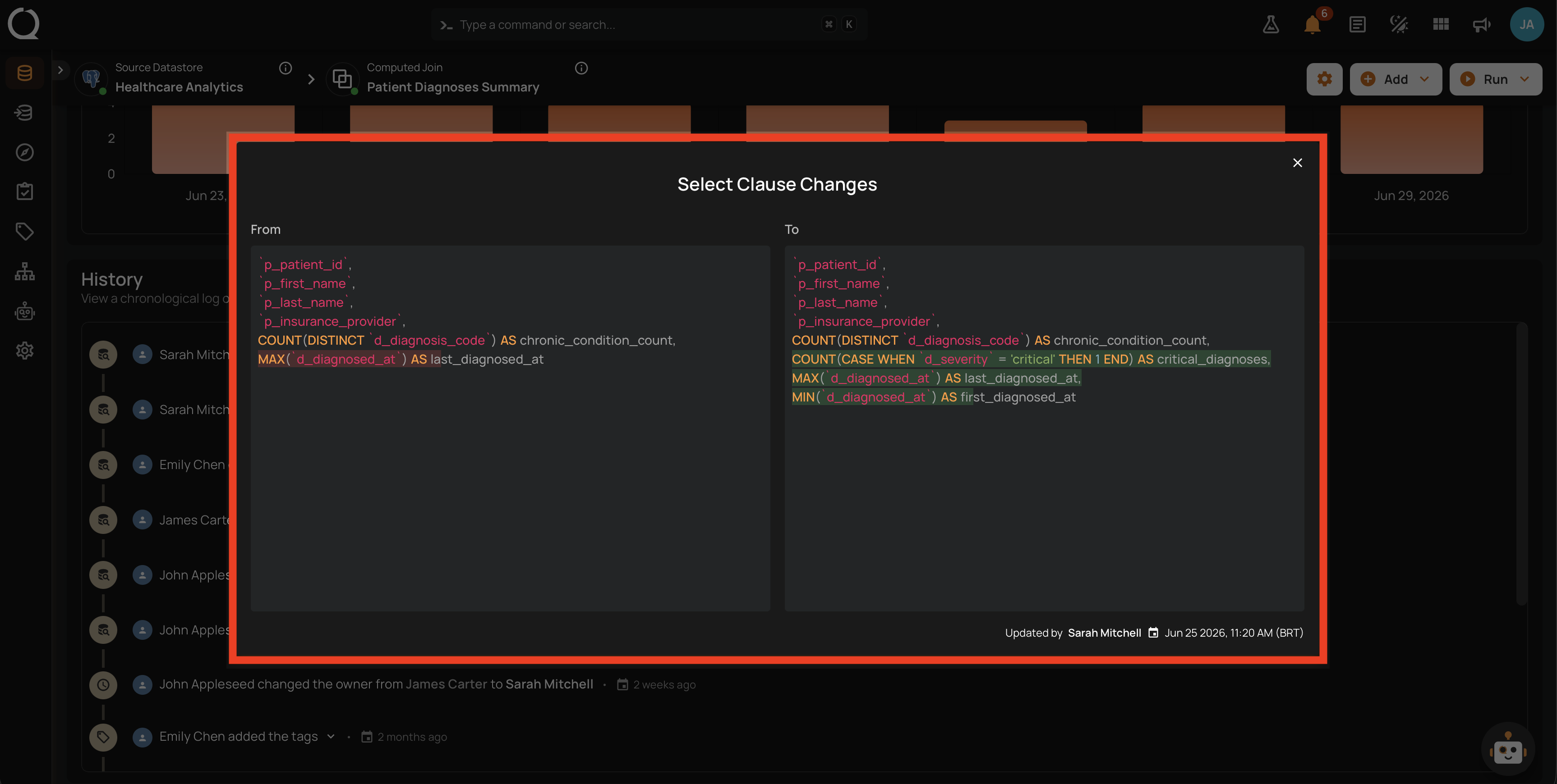 Diff indicator next to a tracked clause change