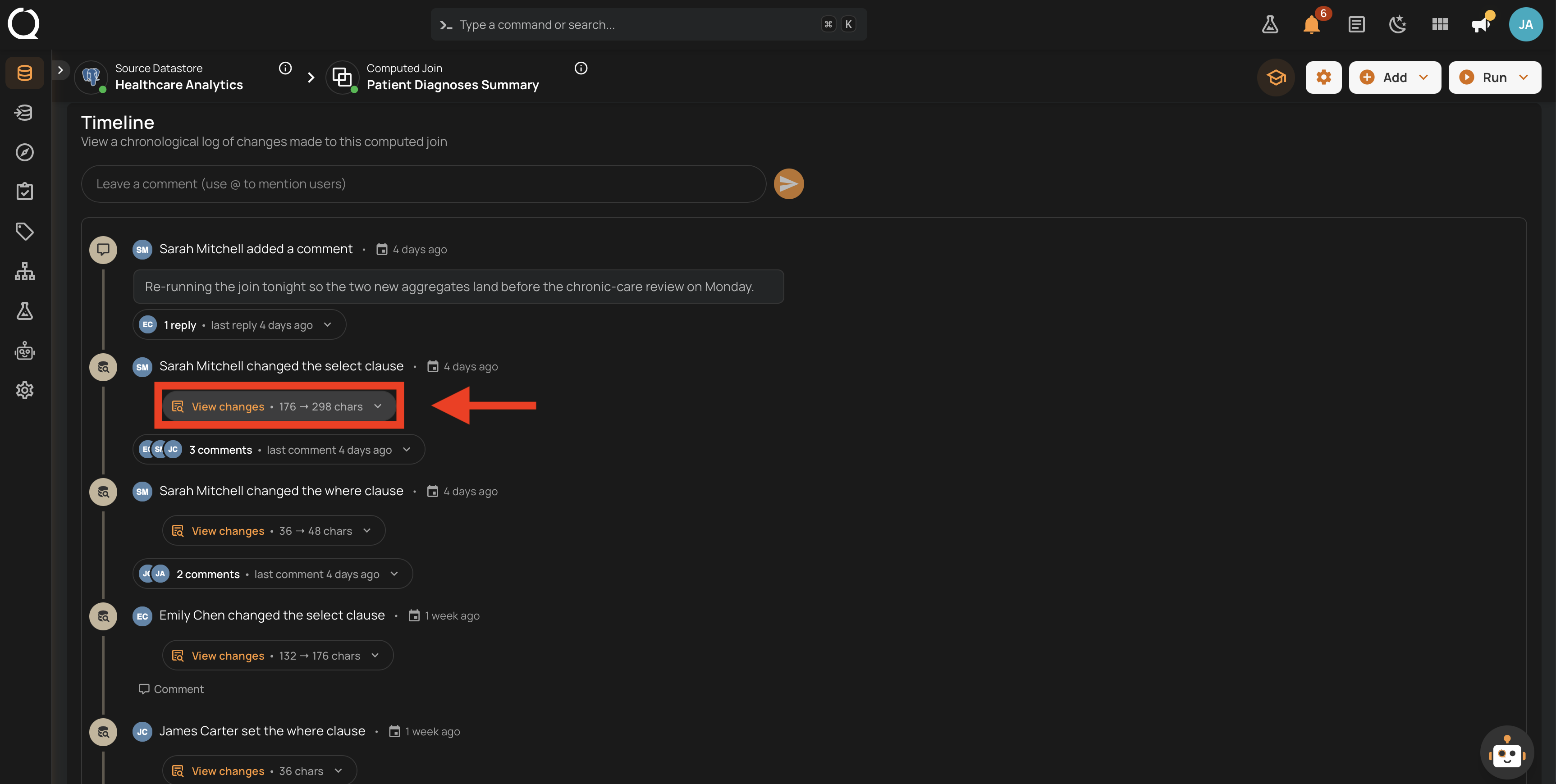 Timeline entry with the View changes control highlighted