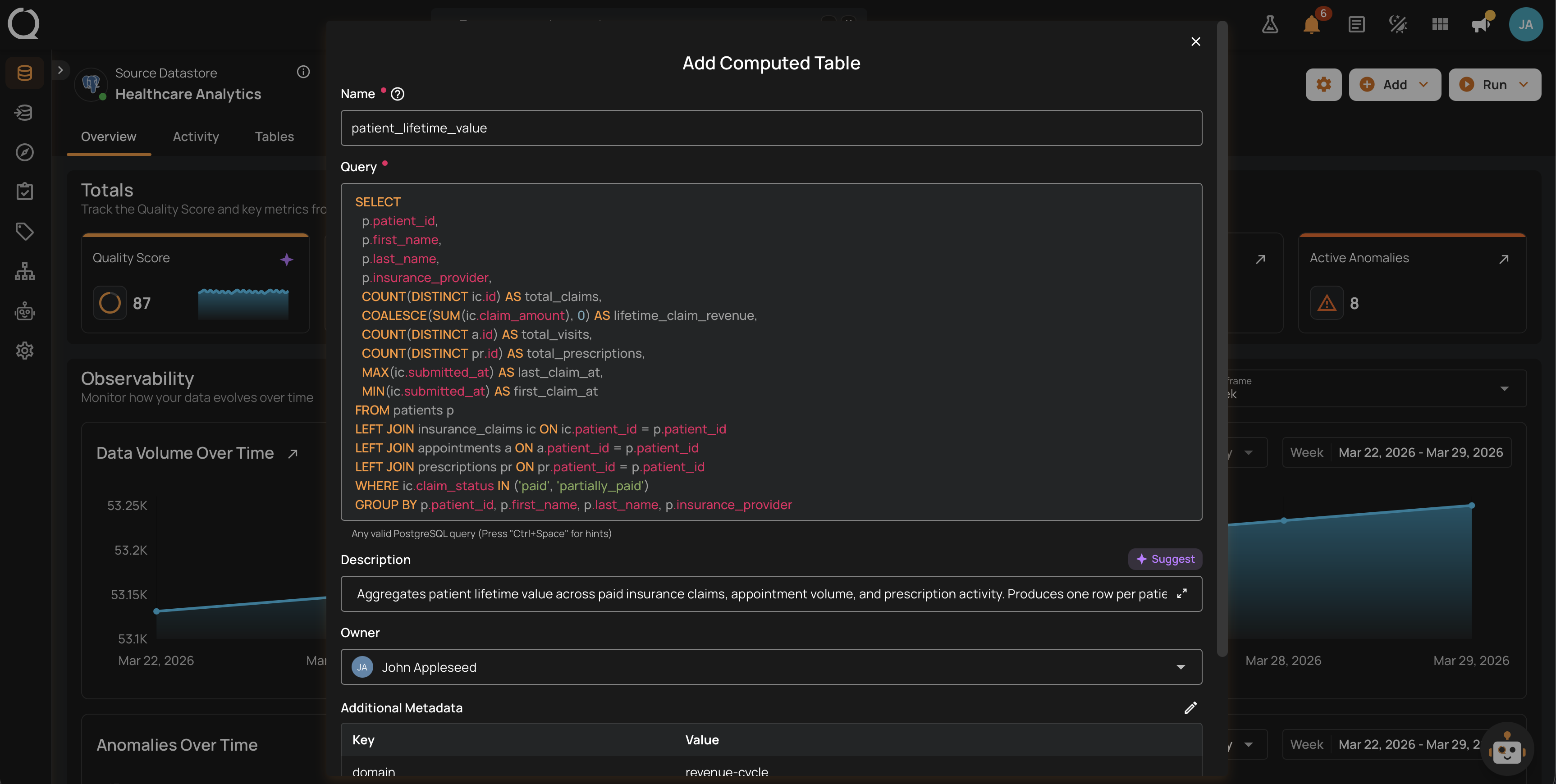 Add Computed Table modal with fields for Name, SQL Query, Description, and Additional Metadata