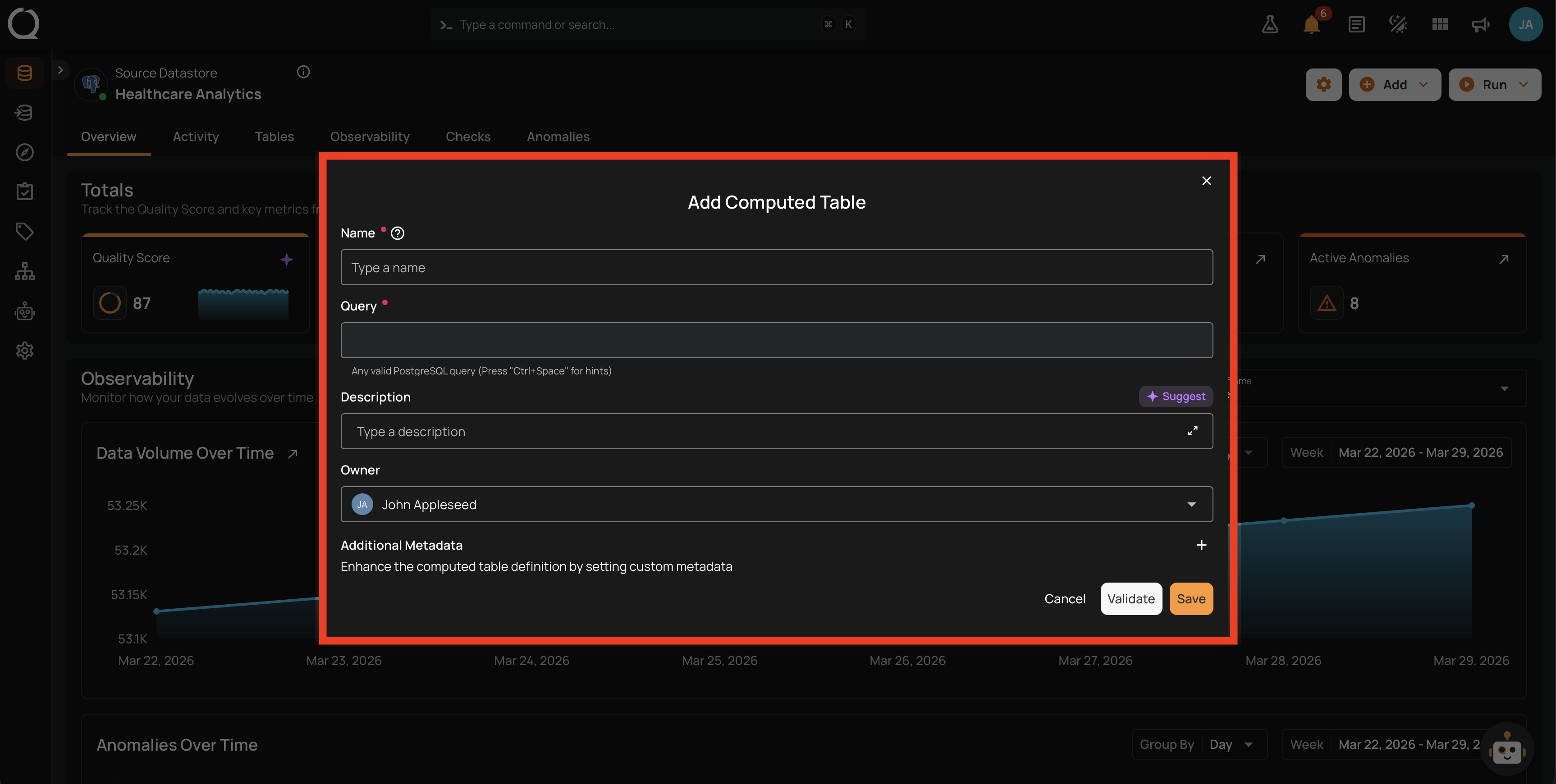 Empty Add Computed Table modal
