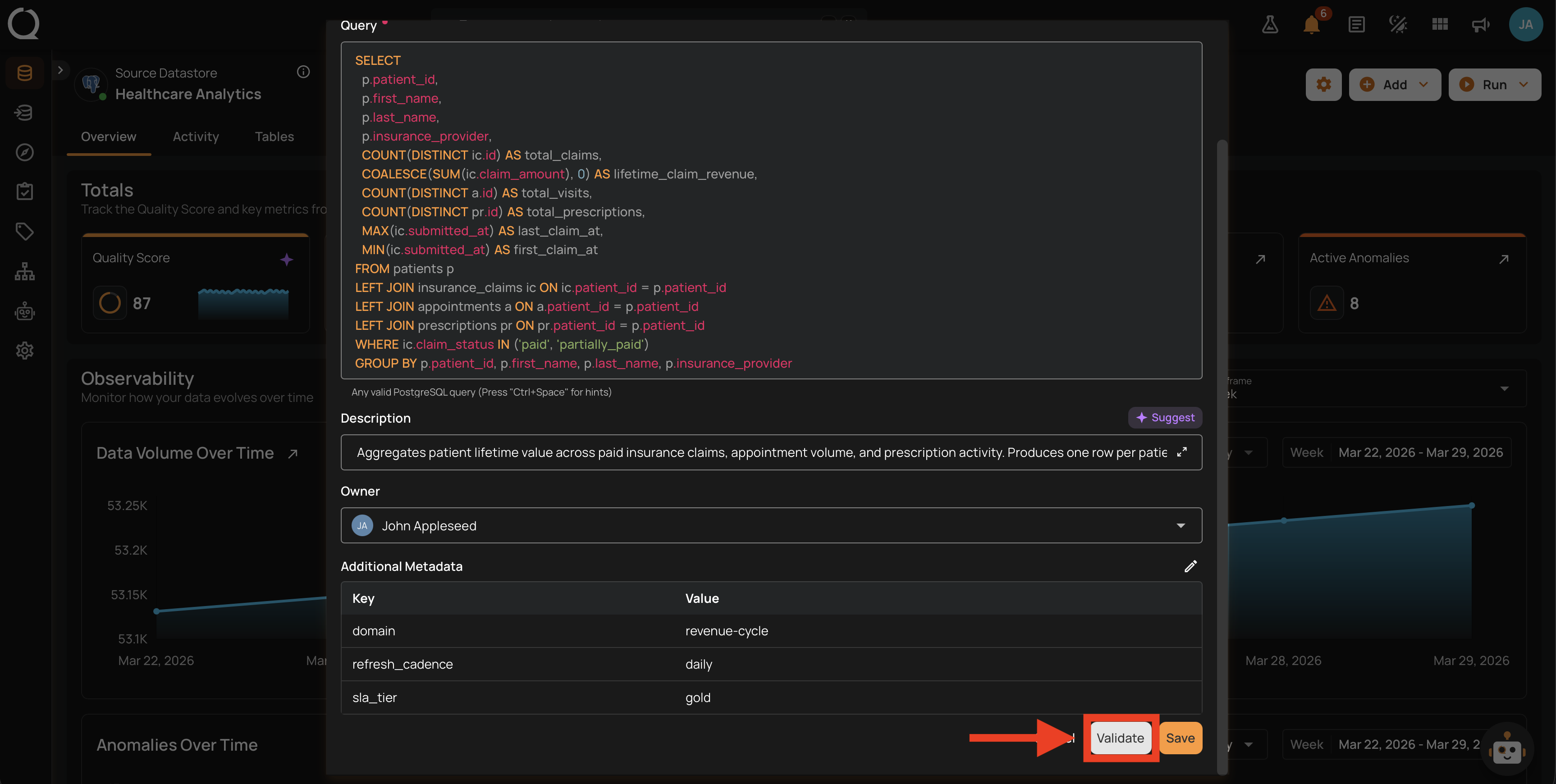 Validate button highlighted at the bottom of the modal