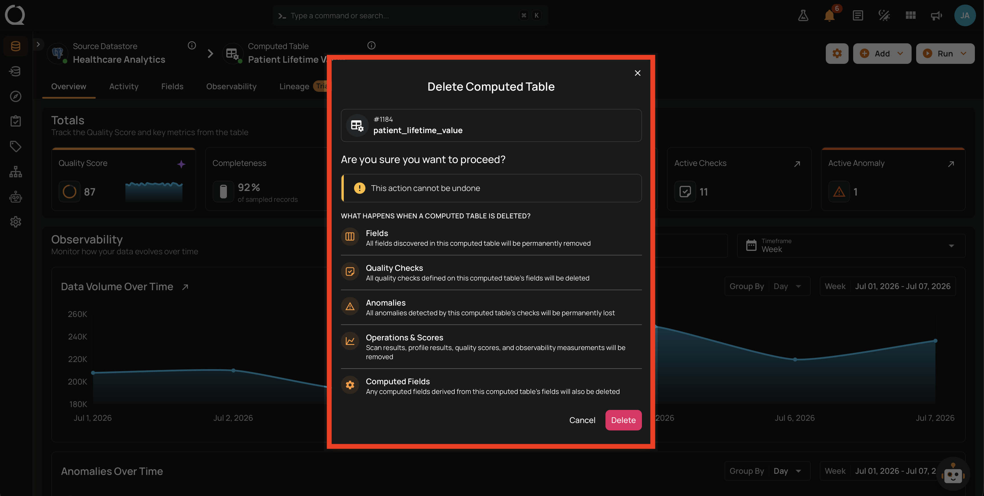 Delete confirmation dialog listing effects