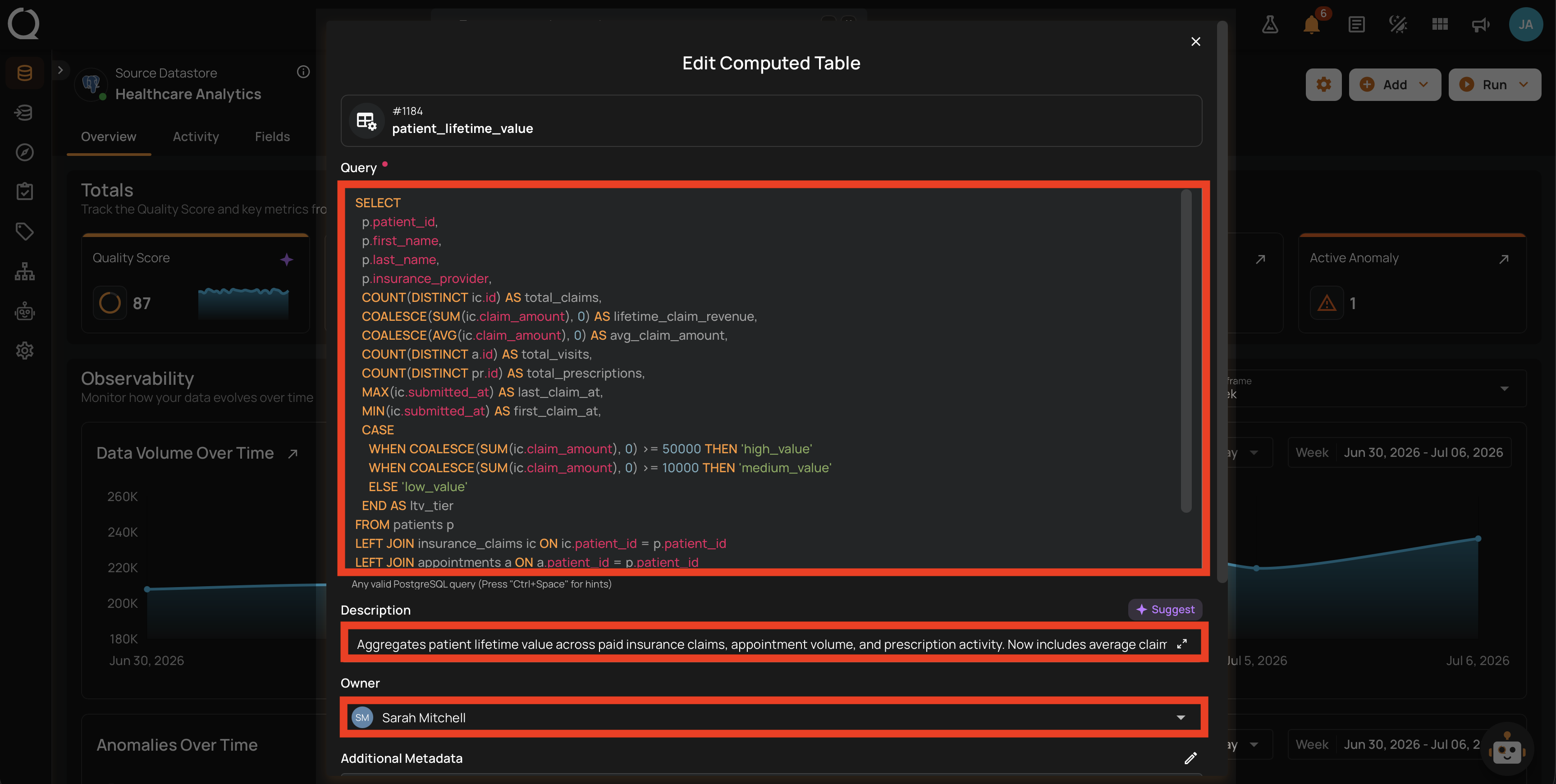 Edit modal with modified fields