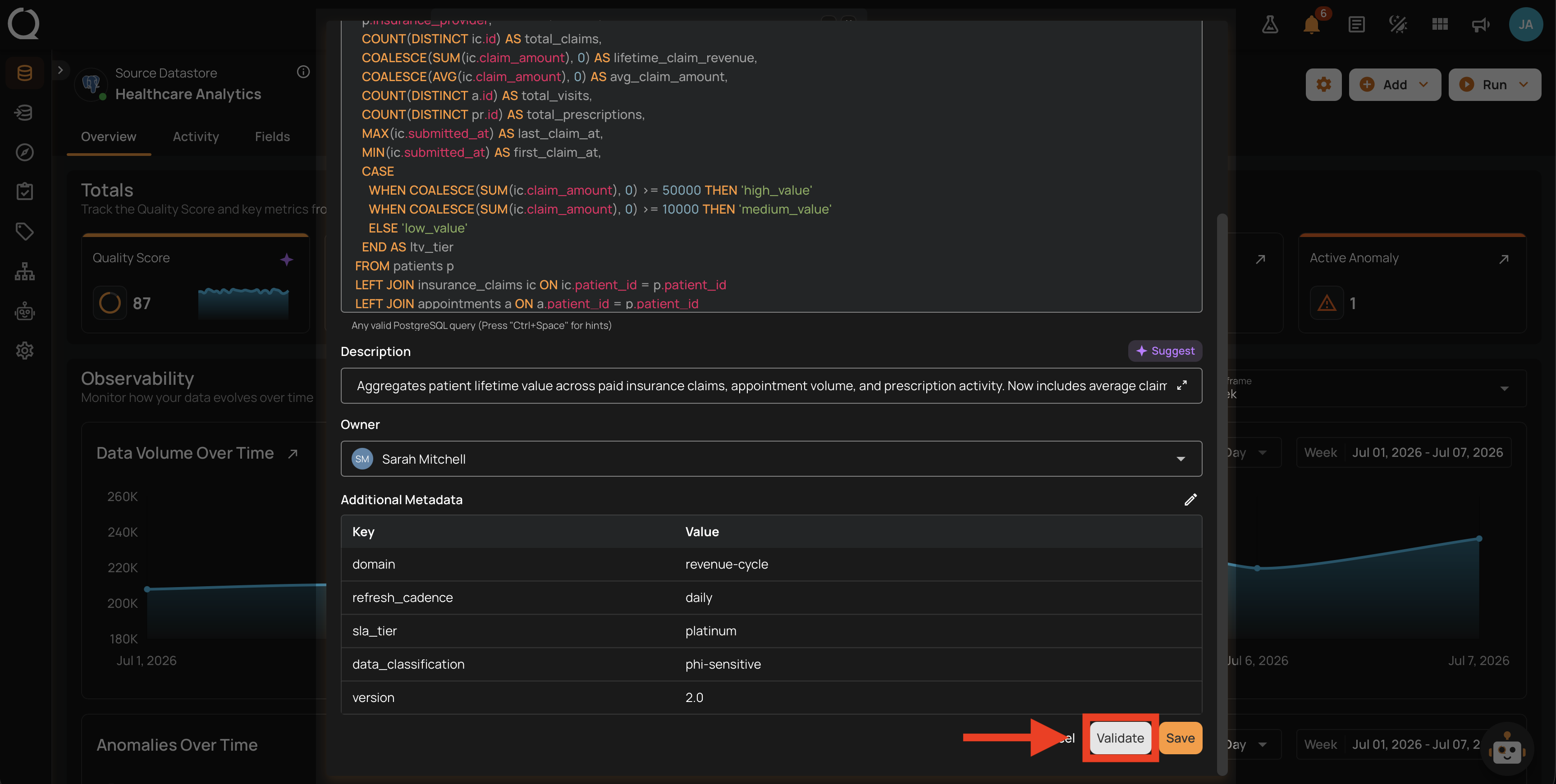 Validate button highlighted at the bottom of the Edit modal