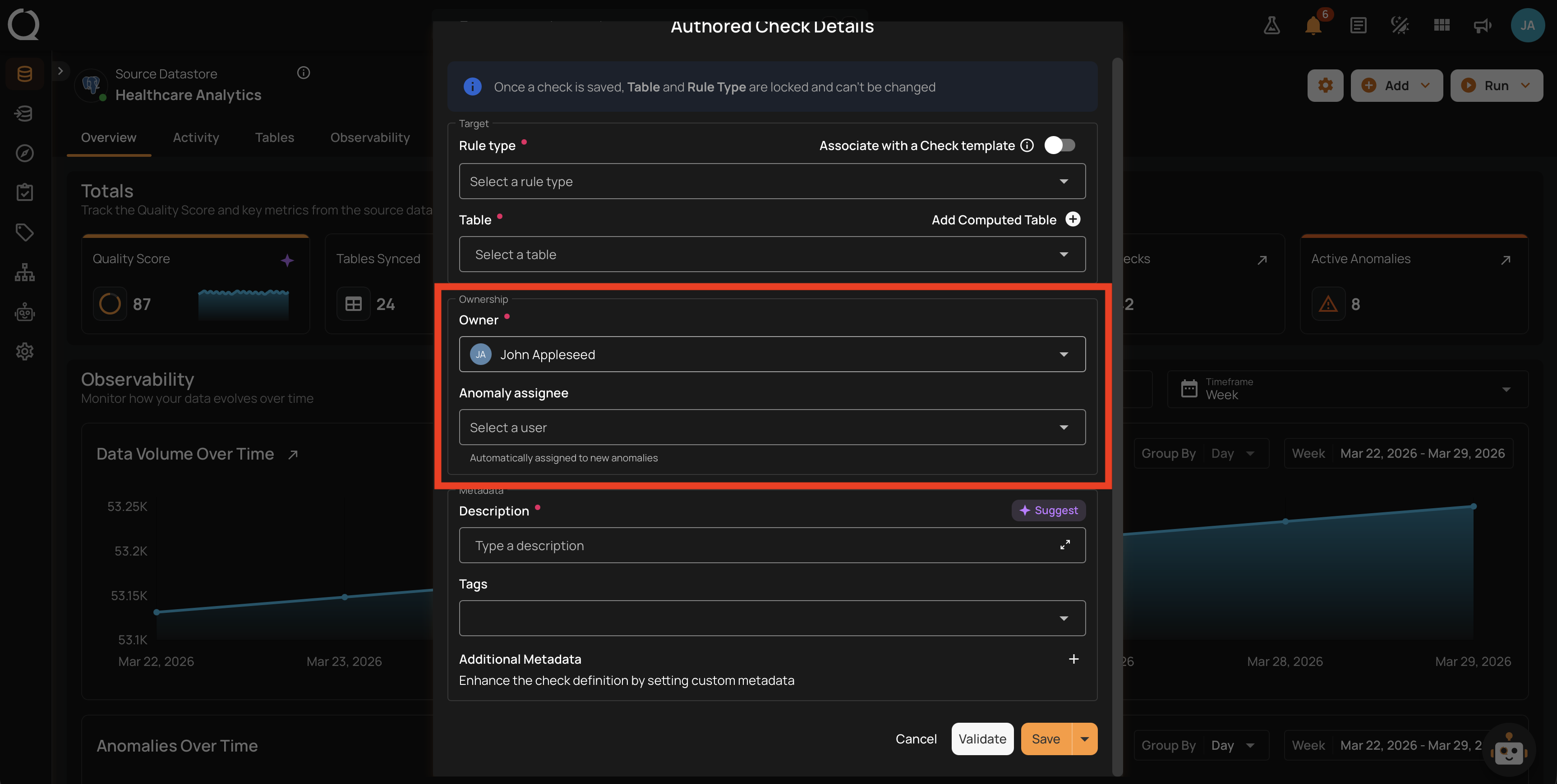 Ownership section in the Authored Check Details modal, showing the Owner and Anomaly assignee fields