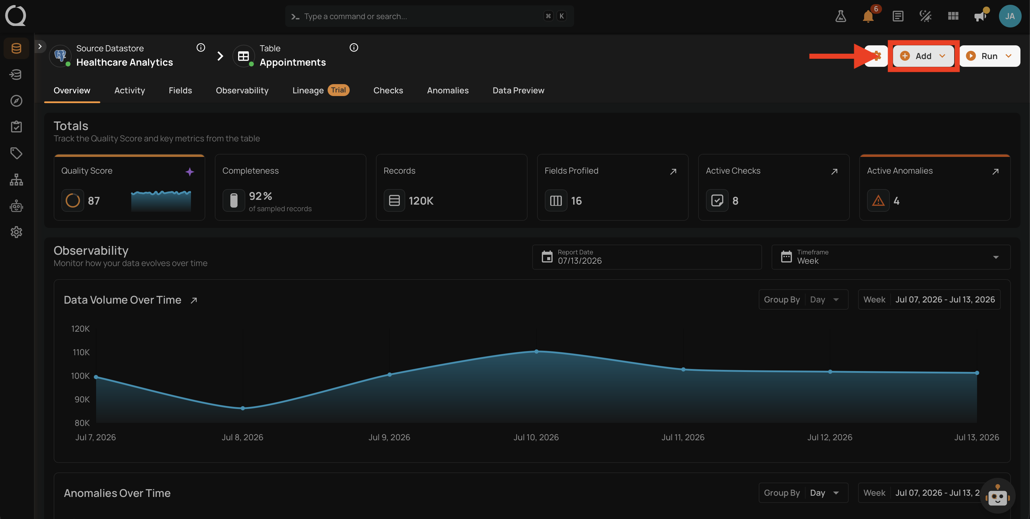 Add button on the container overview