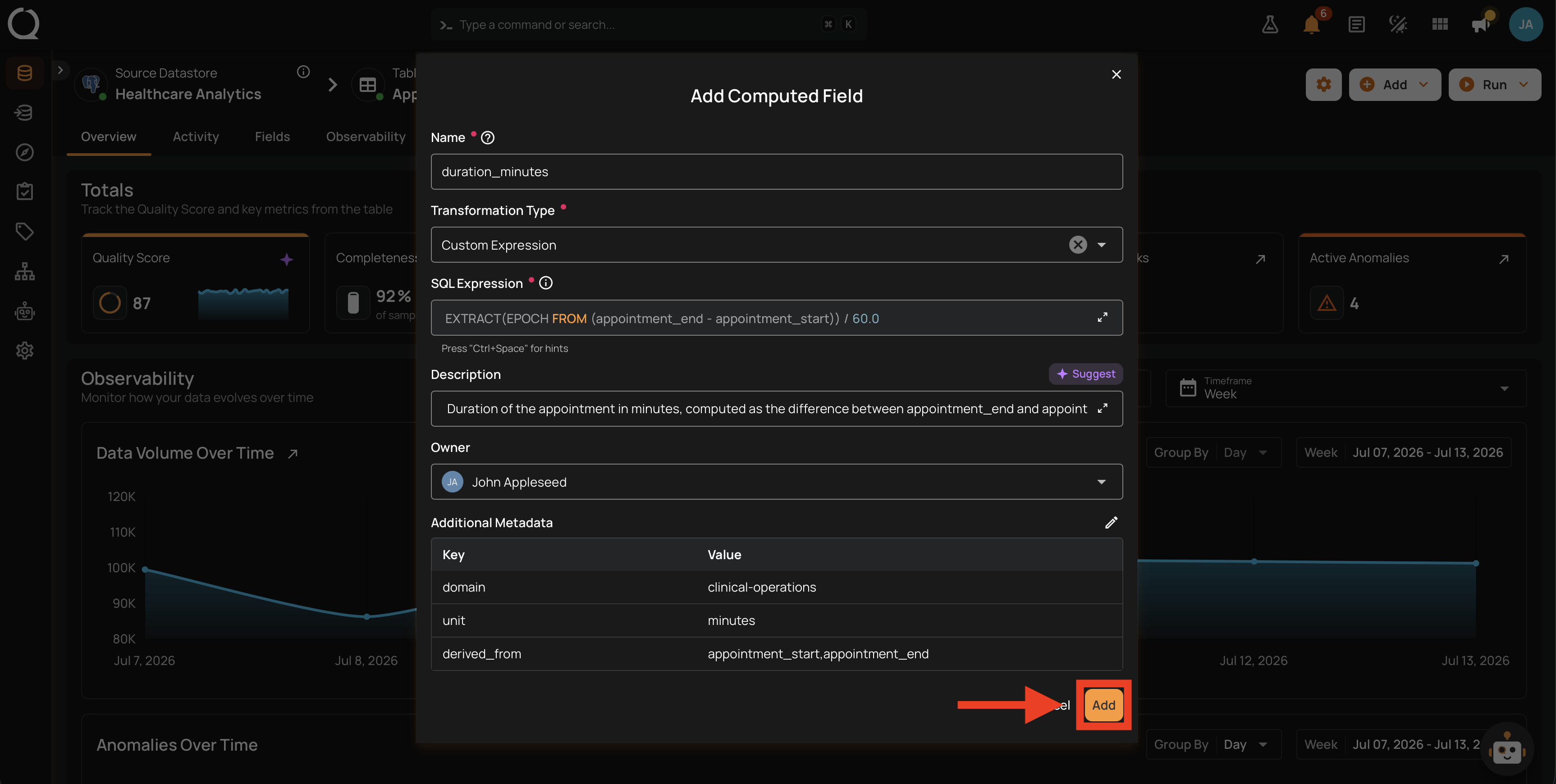 Add button highlighted at the bottom of the modal