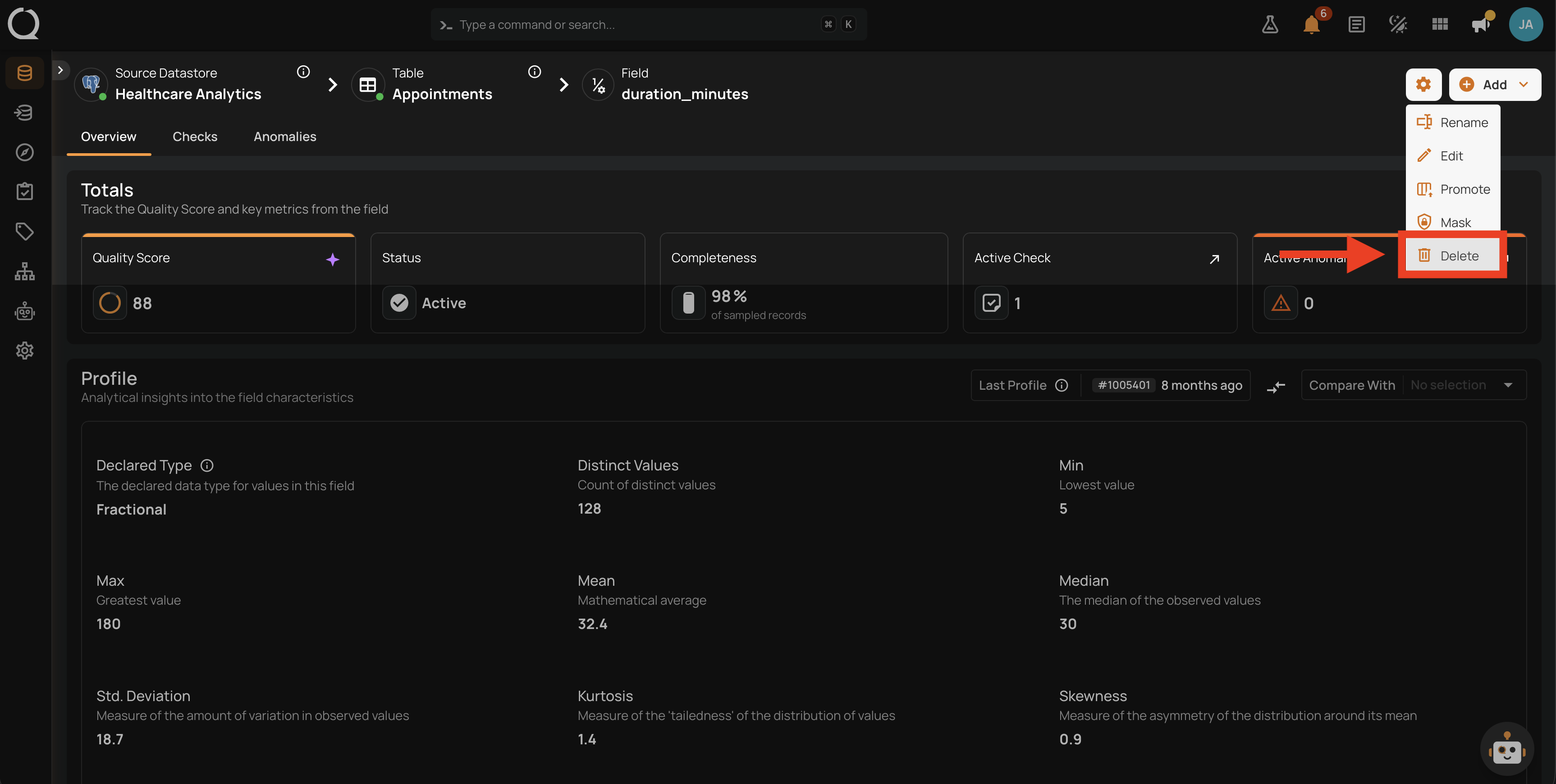 Cursor on the Delete option in the settings dropdown