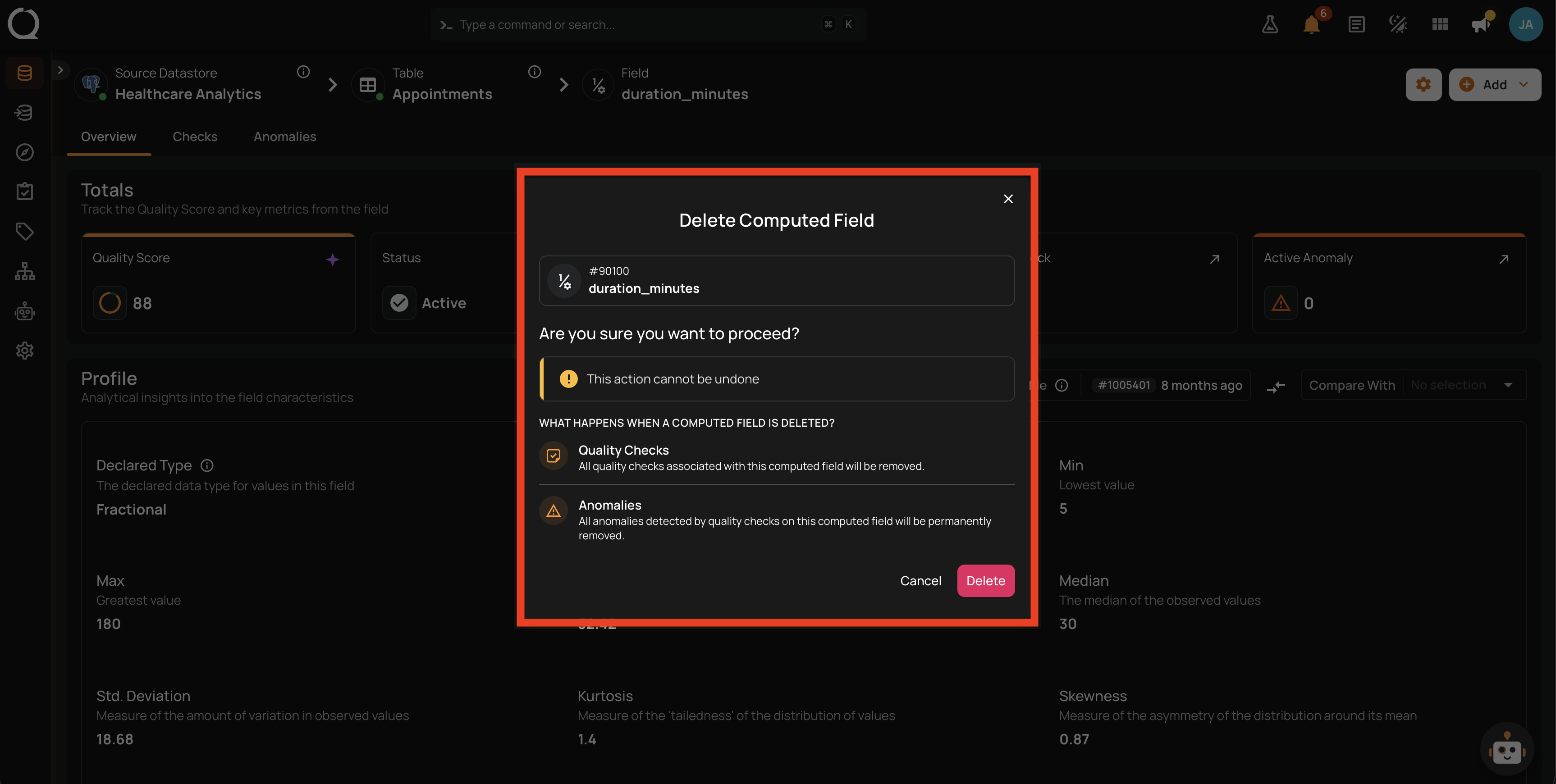 Delete Computed Field confirmation dialog listing effects on quality checks and anomalies