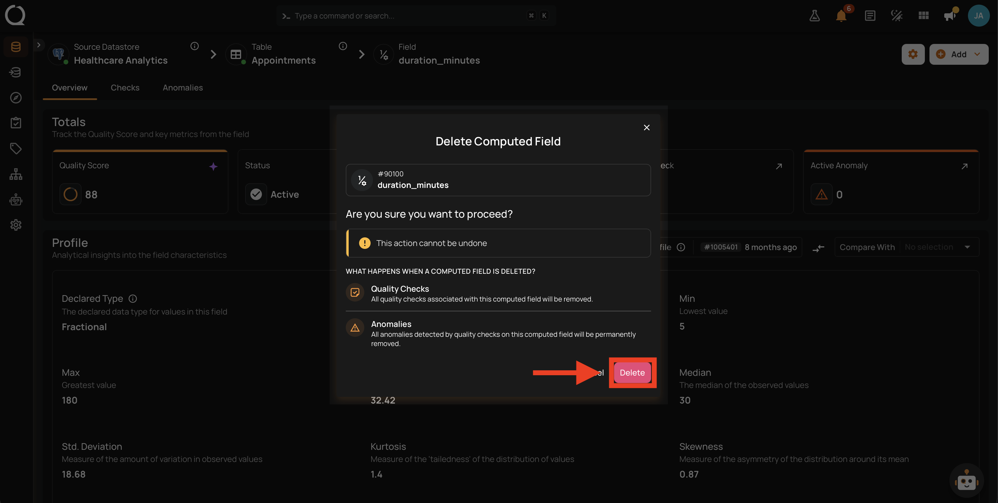 Delete button highlighted in the confirmation dialog