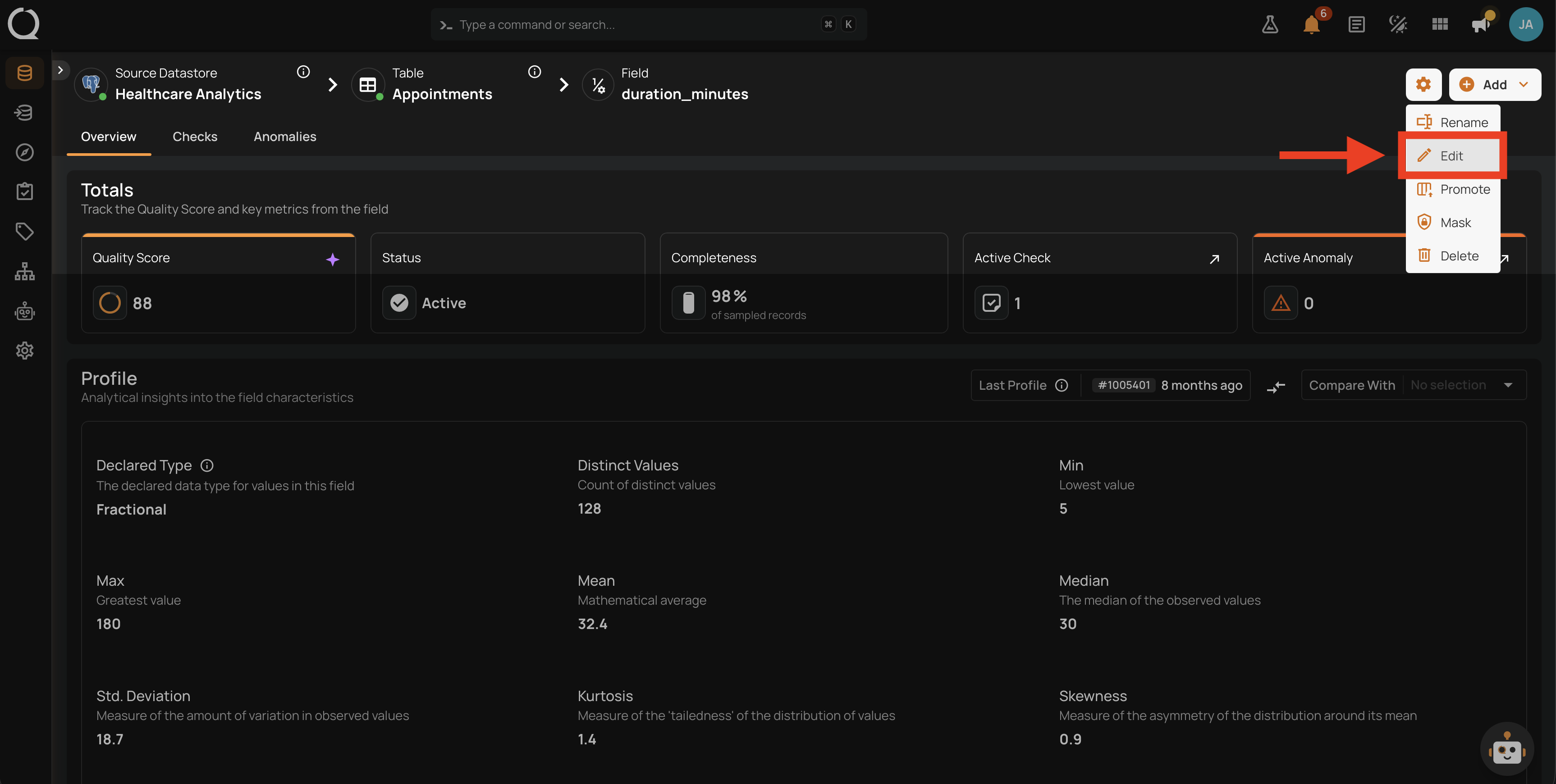 Cursor on the Edit option in the settings dropdown