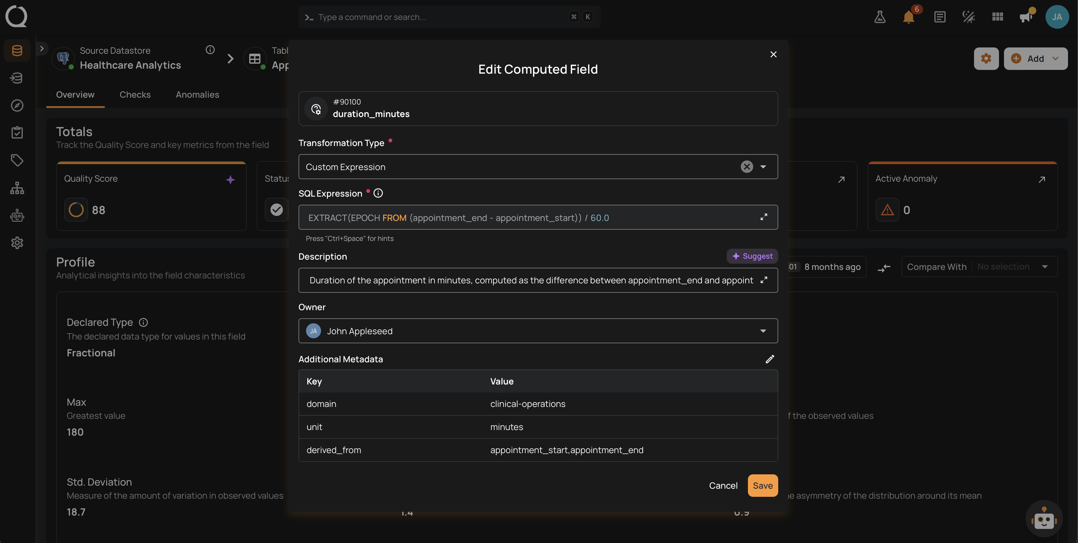 Edit Computed Field modal with the current values already filled in