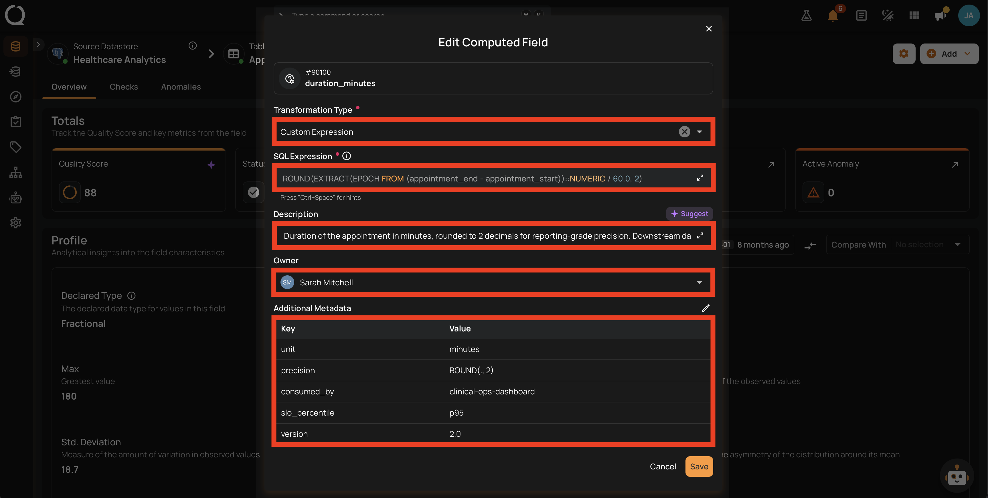 Edit modal with modified fields
