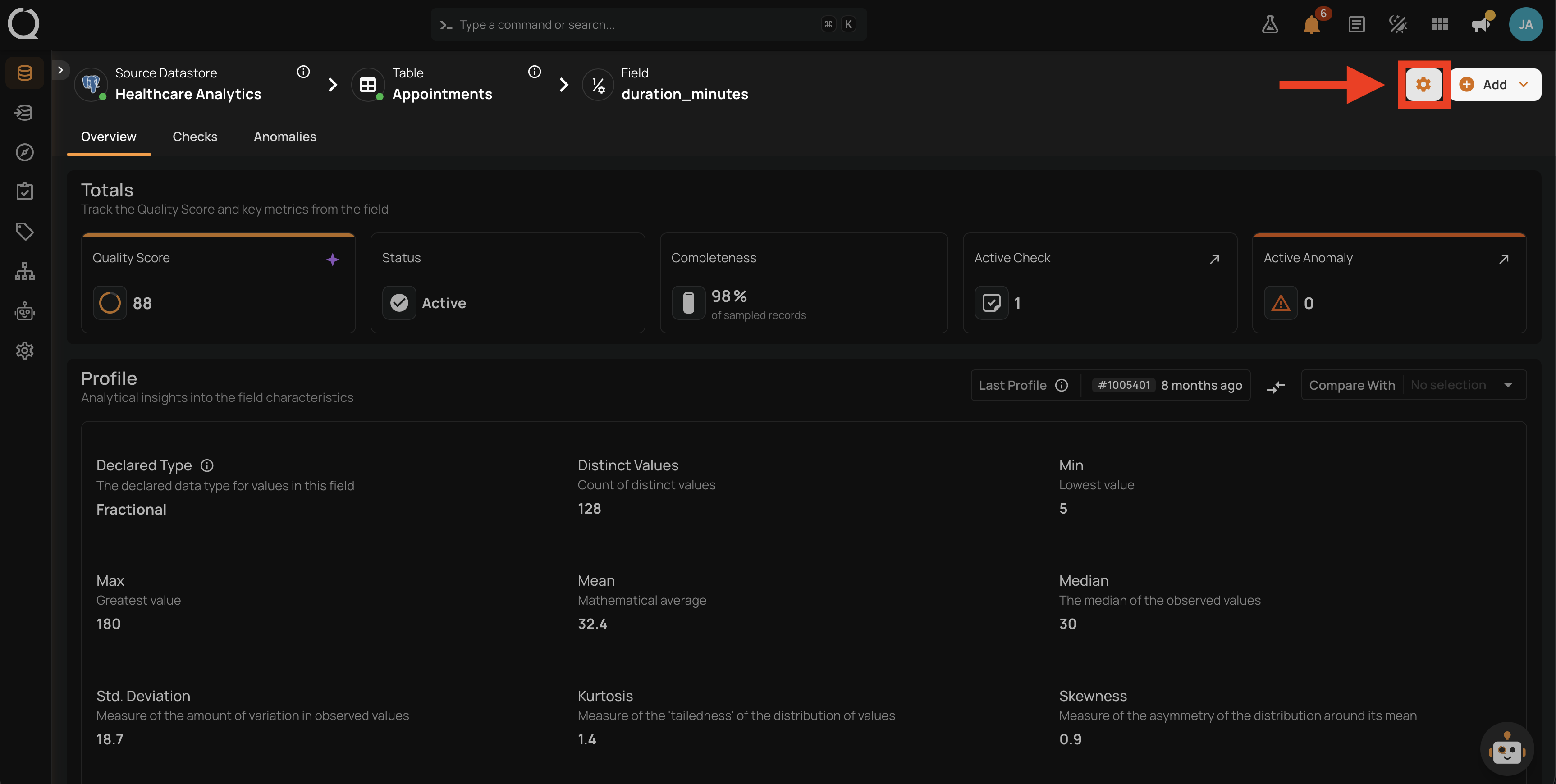 Computed Field detail page with the settings icon in the top-right