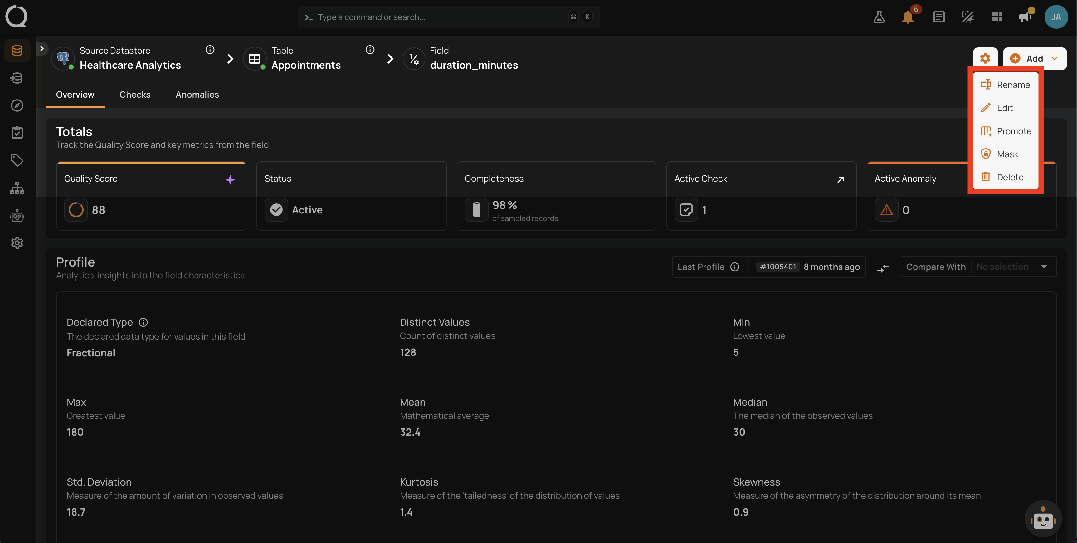 Settings dropdown open on a Computed Field detail page