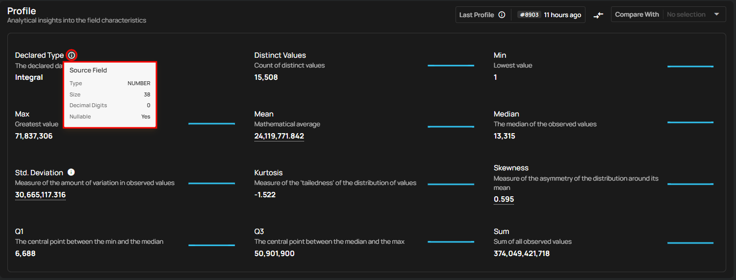 Info-icon hover tooltip showing type, size, decimal digits, and null-allowance for a field