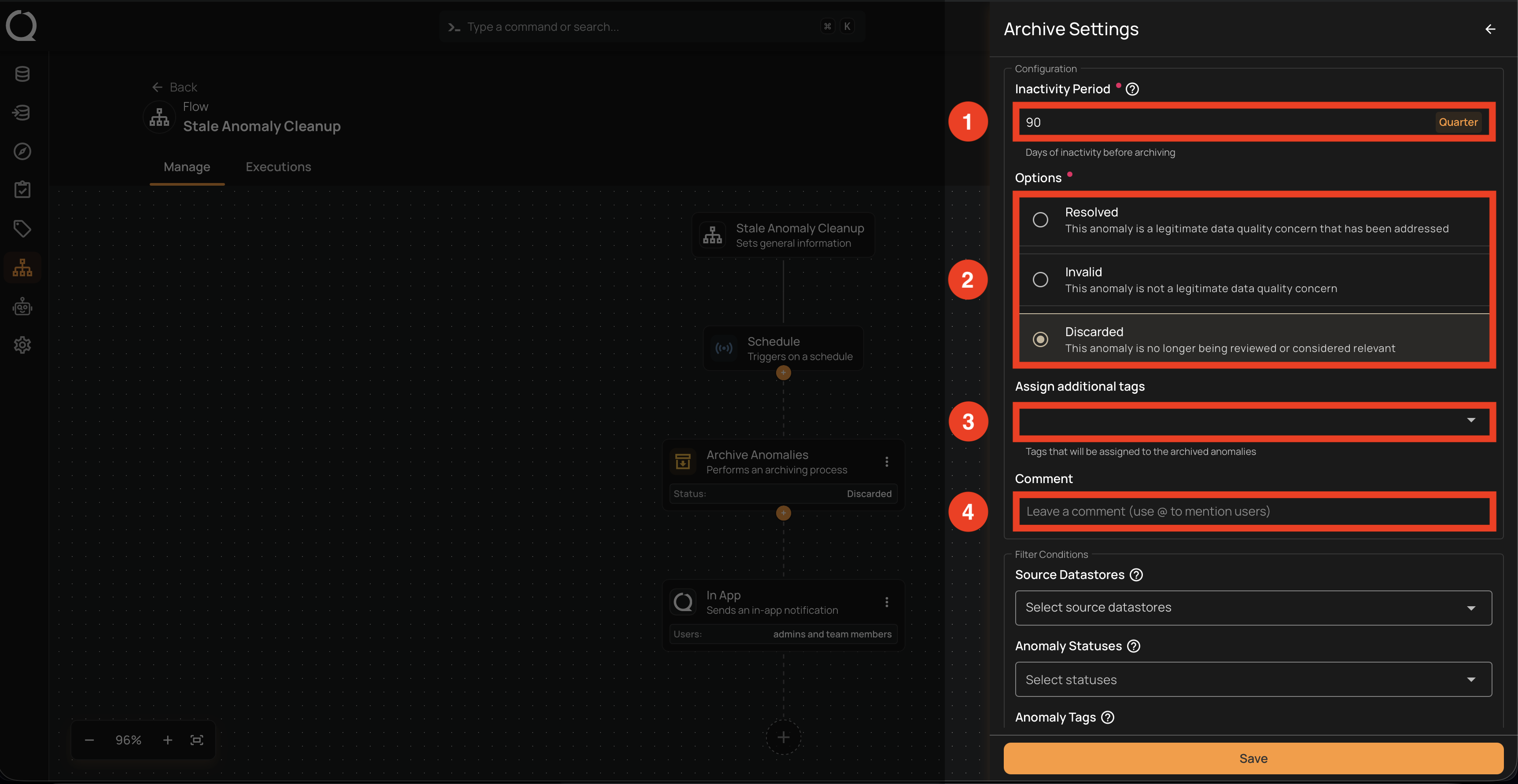 Archive Settings Configuration section showing Inactivity Period, Options, Assign additional tags, and Comment fields
