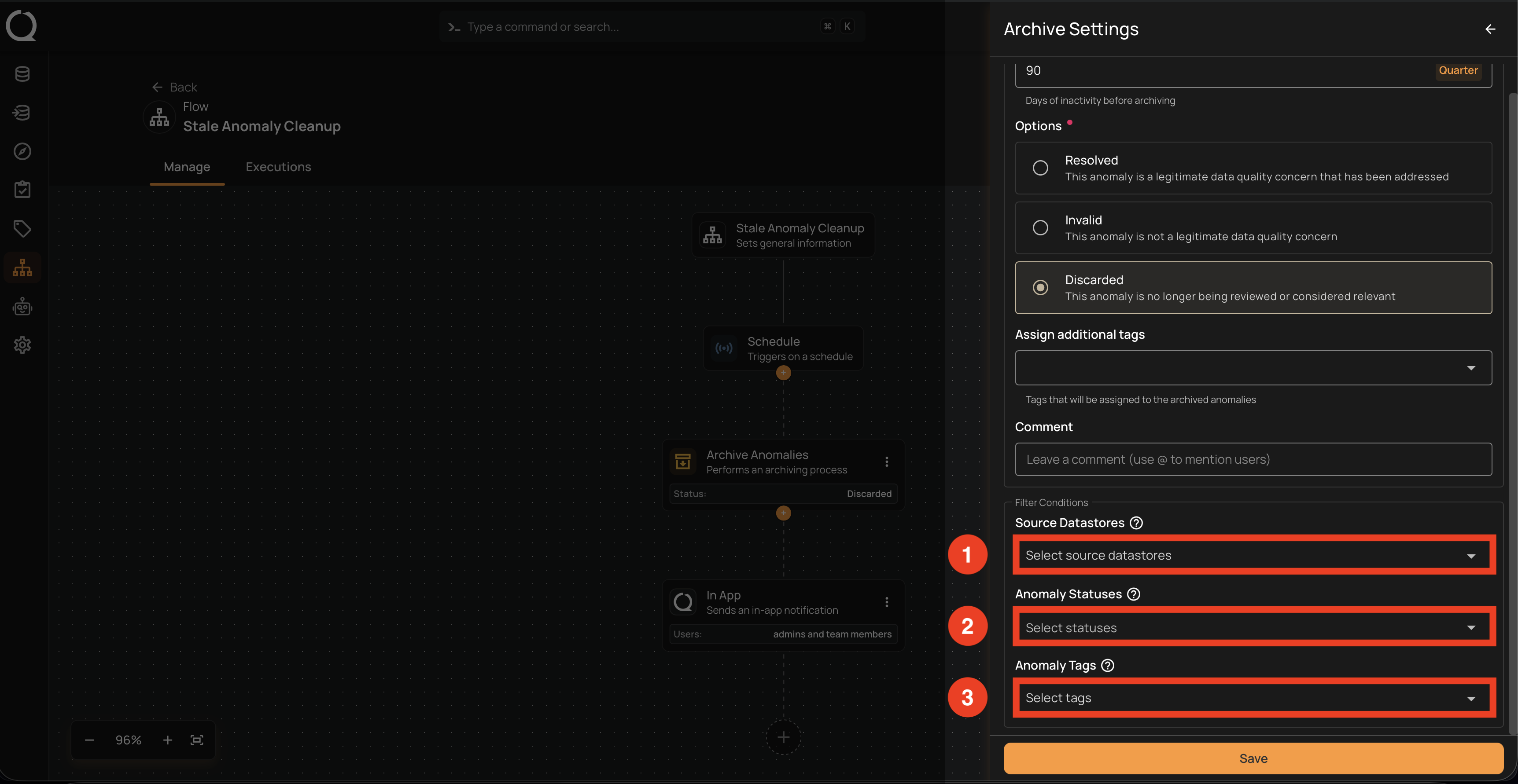 Filter Conditions section showing Source Datastores, Anomaly Statuses, and Anomaly Tags selectors