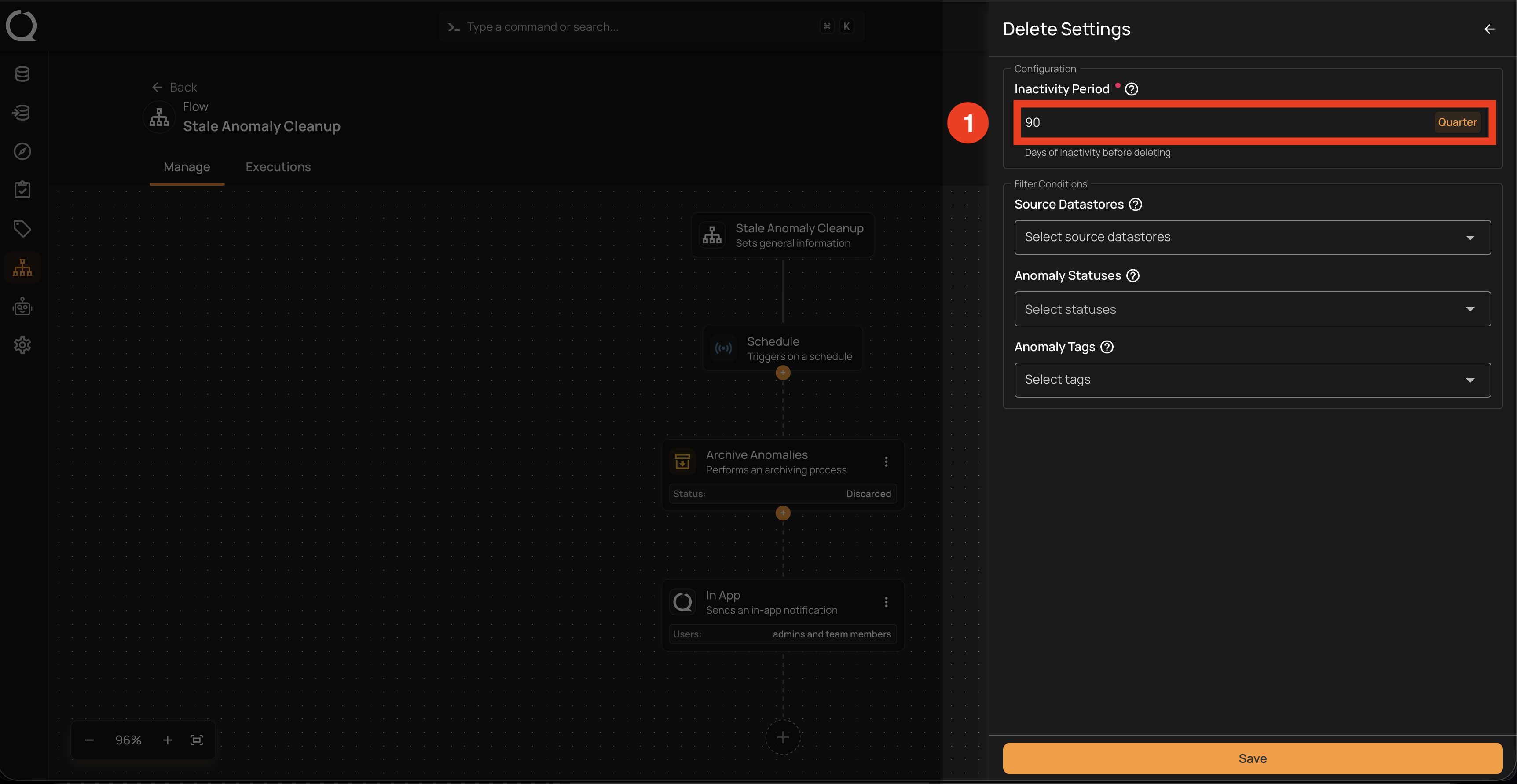Delete Settings Configuration section showing the Inactivity Period field