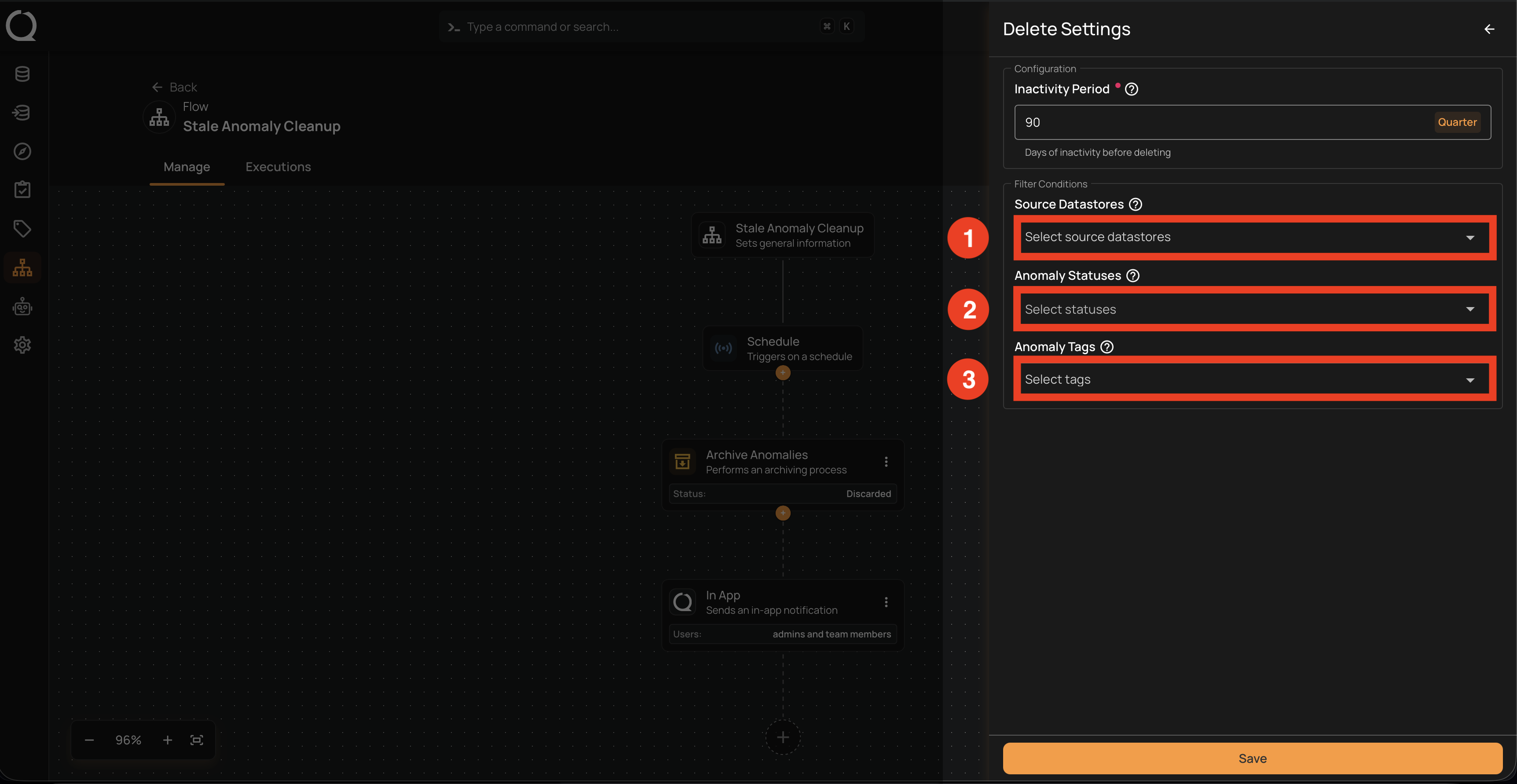 Filter Conditions section showing Source Datastores, Anomaly Statuses, and Anomaly Tags selectors