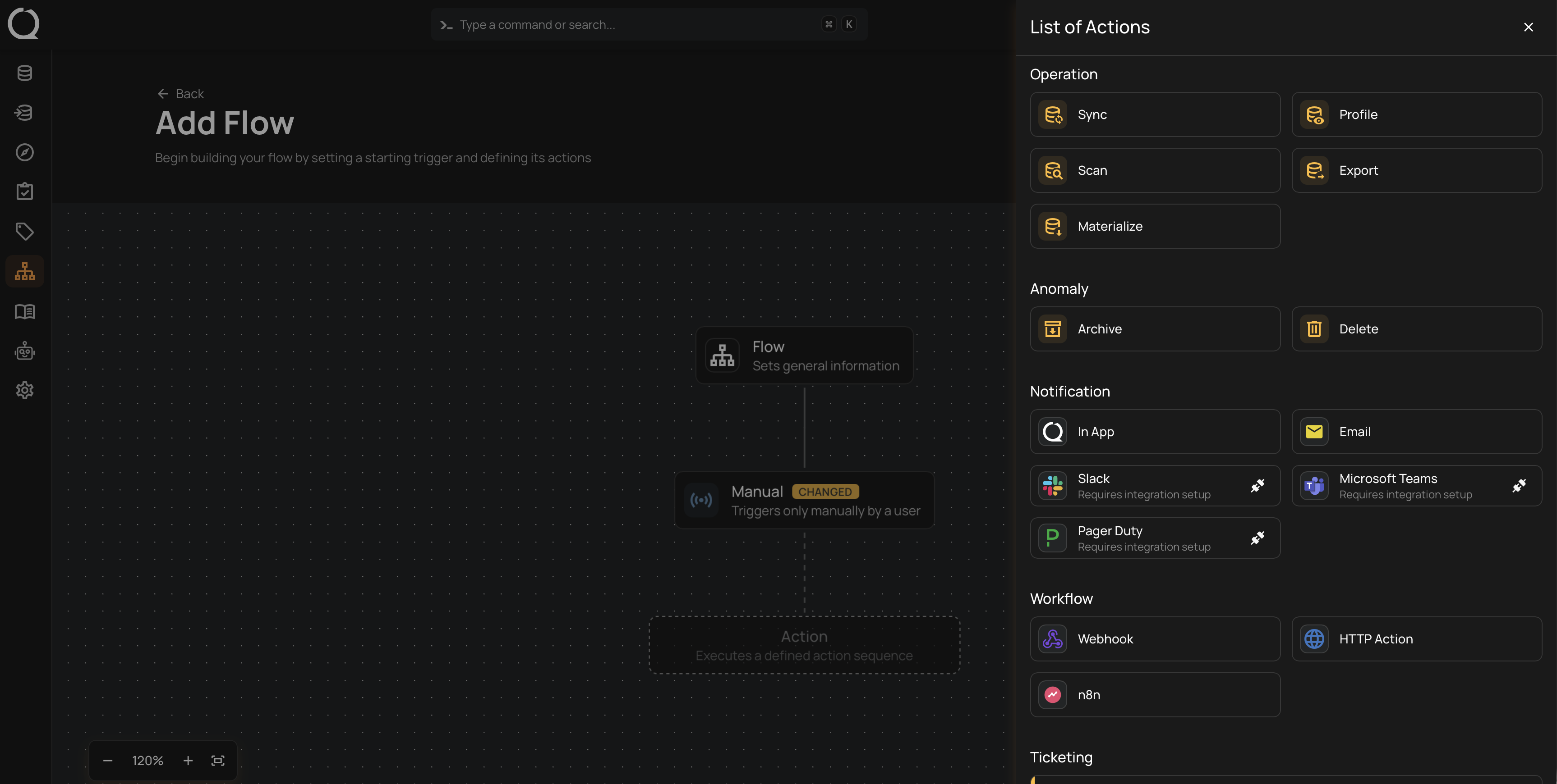 The List of Actions panel, grouping the available actions into the five categories