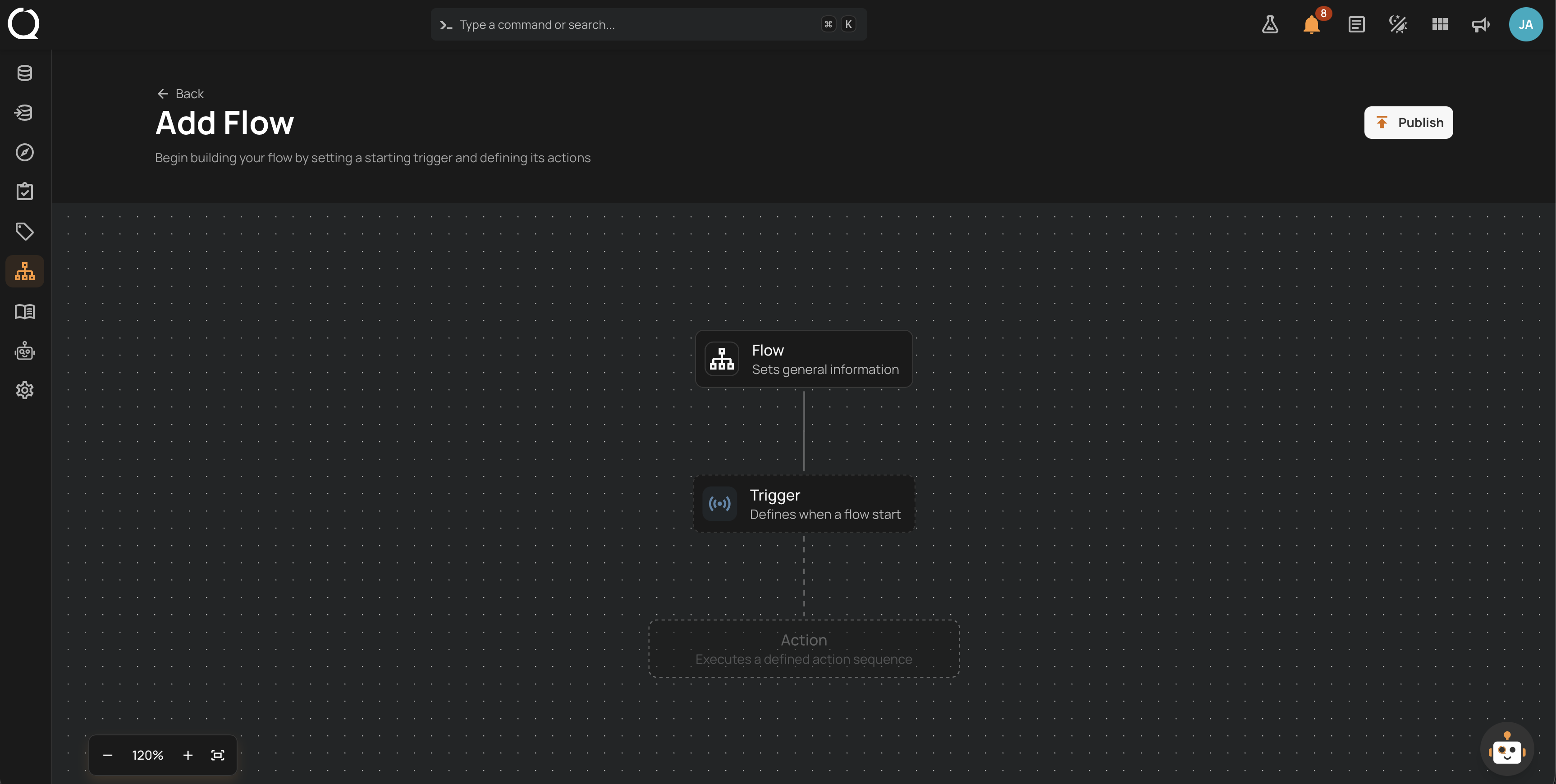 The Add Flow canvas, with the Flow node at the top, the Trigger node below it, and the Action placeholder ready for the first action