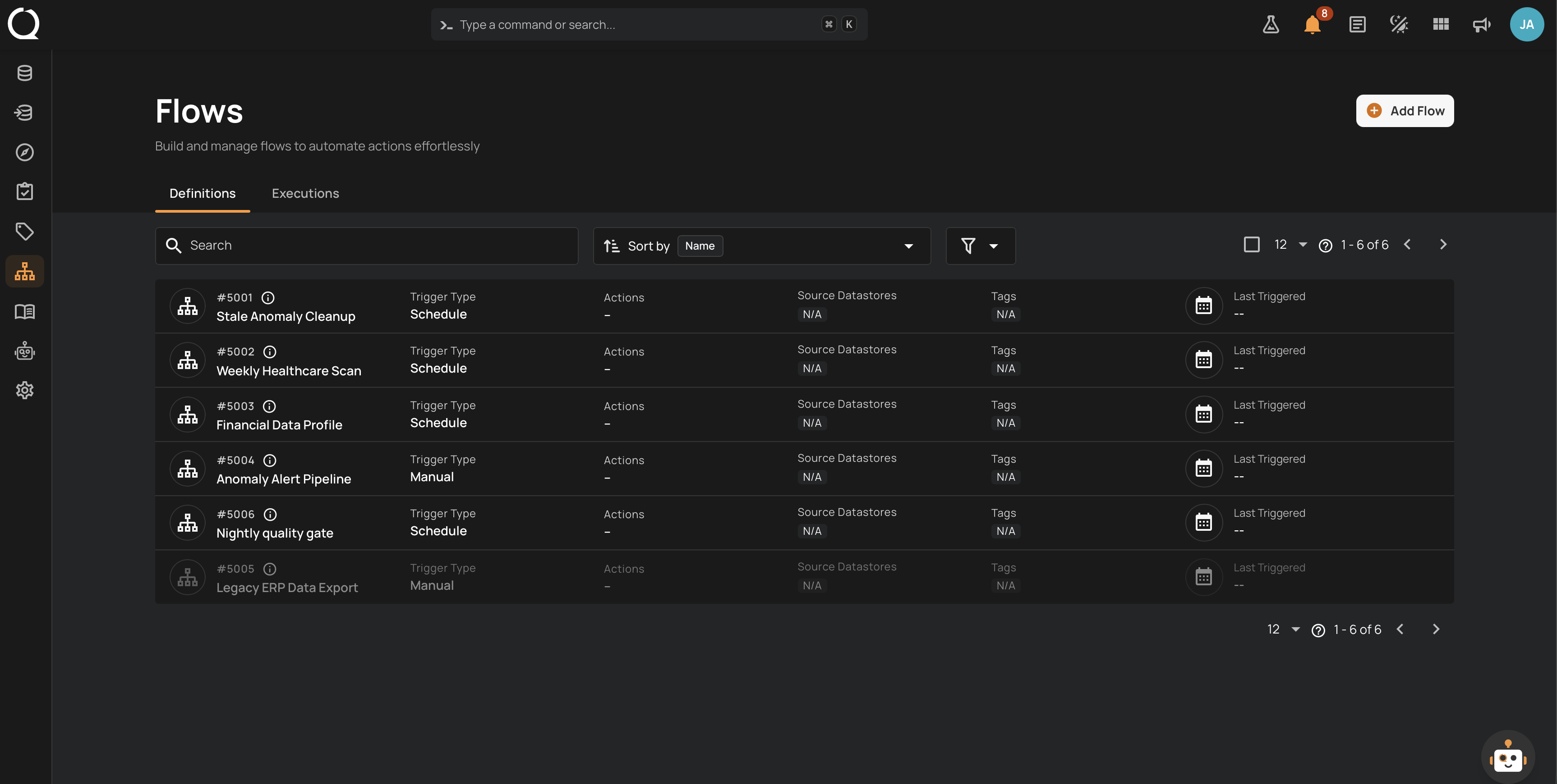 The Flows page with the Definitions tab selected, listing Flows with their trigger types and actions