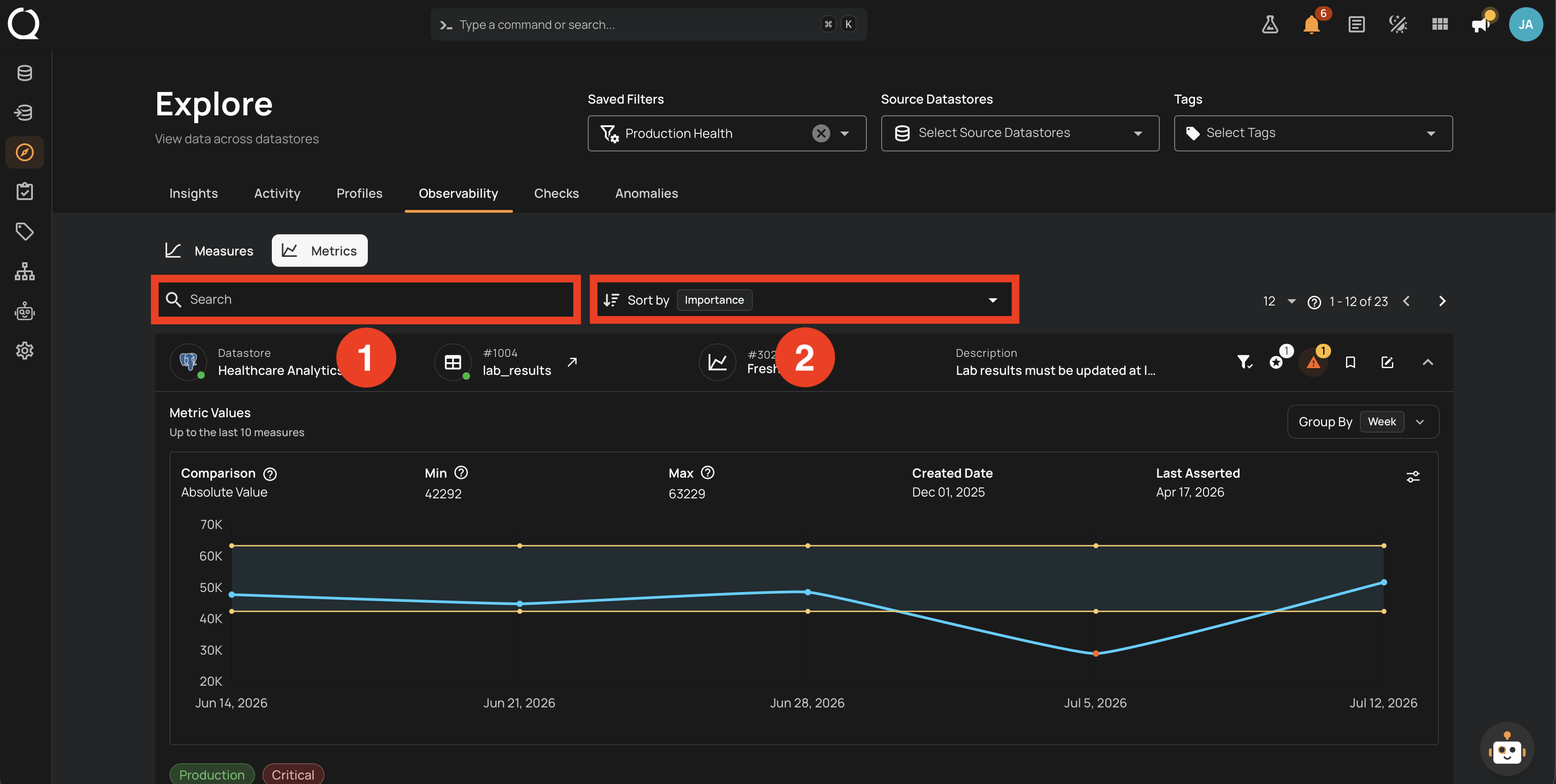 Explore scope, Metrics tab showing Search and Sort by controls