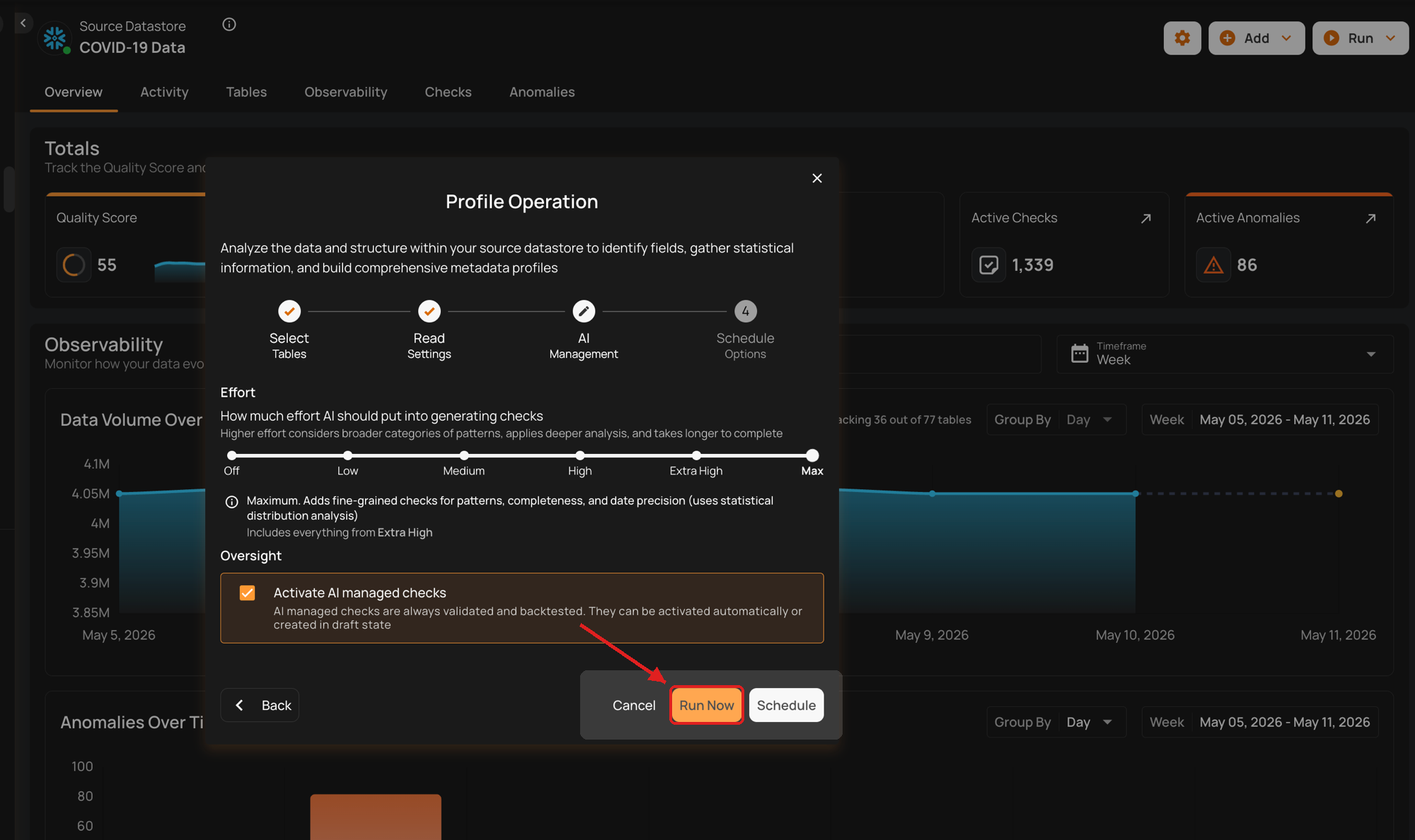 Run Now button to execute profile operation immediately