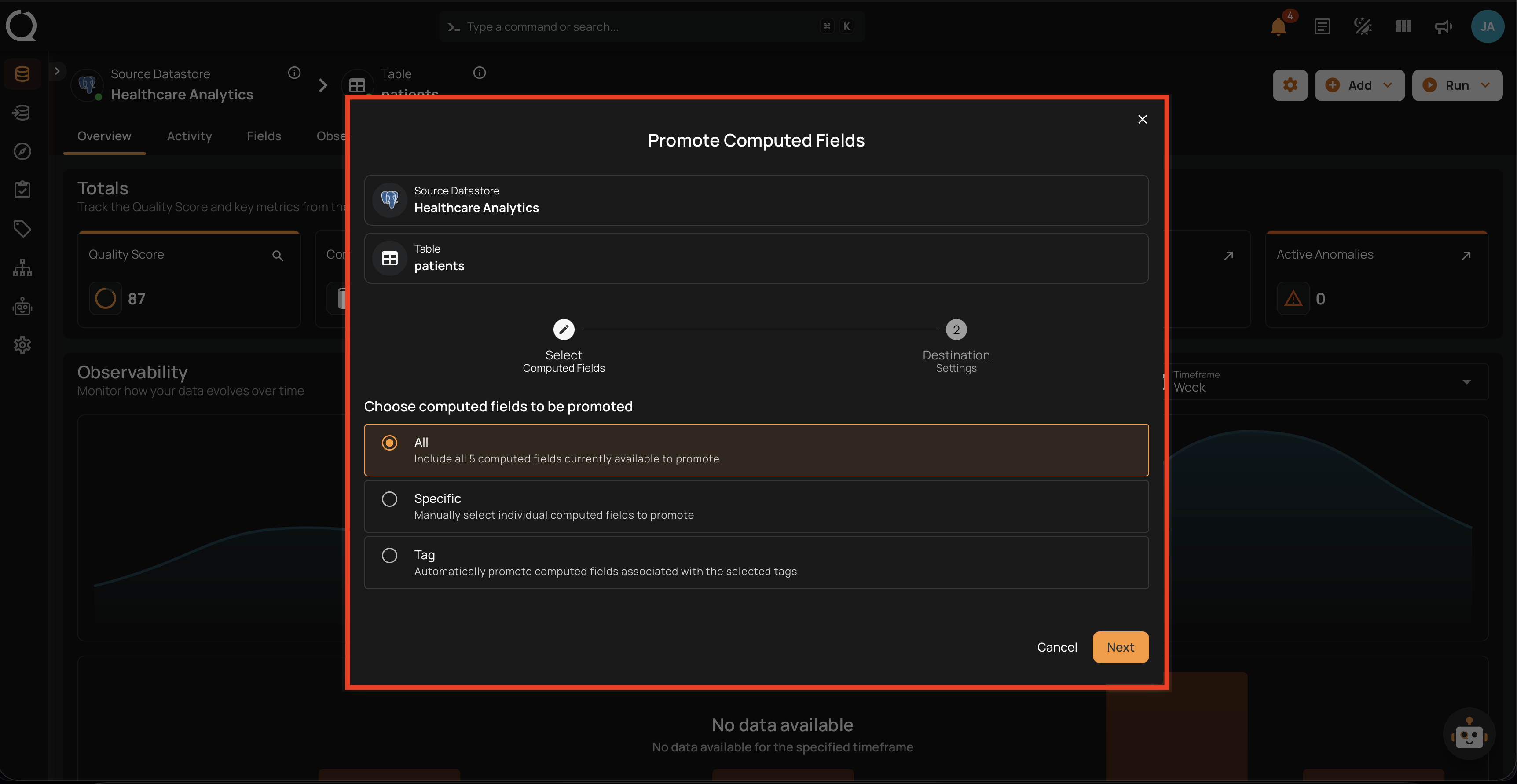 Step 6 — Promote modal opens at Select Computed Fields step