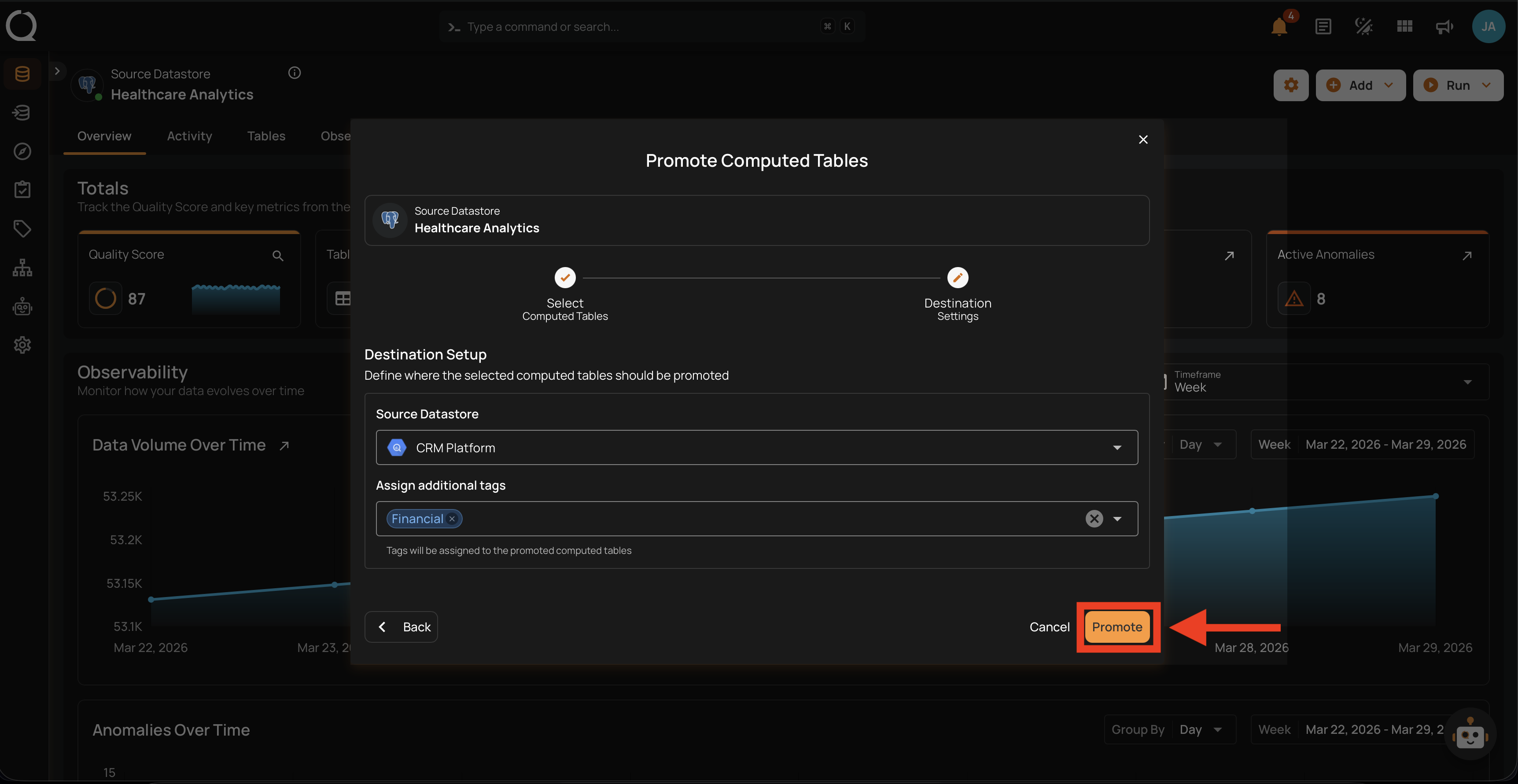 Step 8 — Destination filled, click Promote