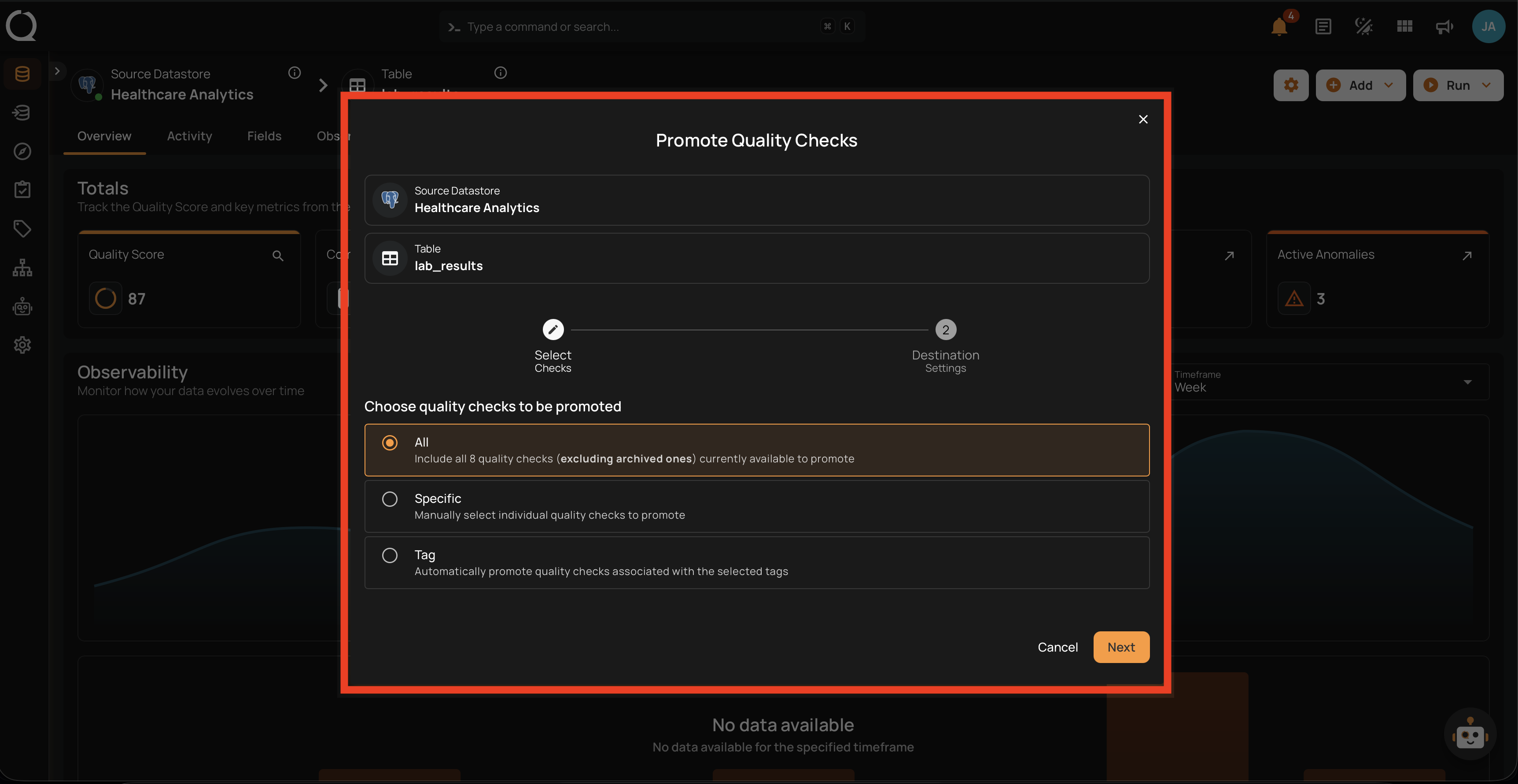 Step 6 — Promote modal opens at Select Checks step