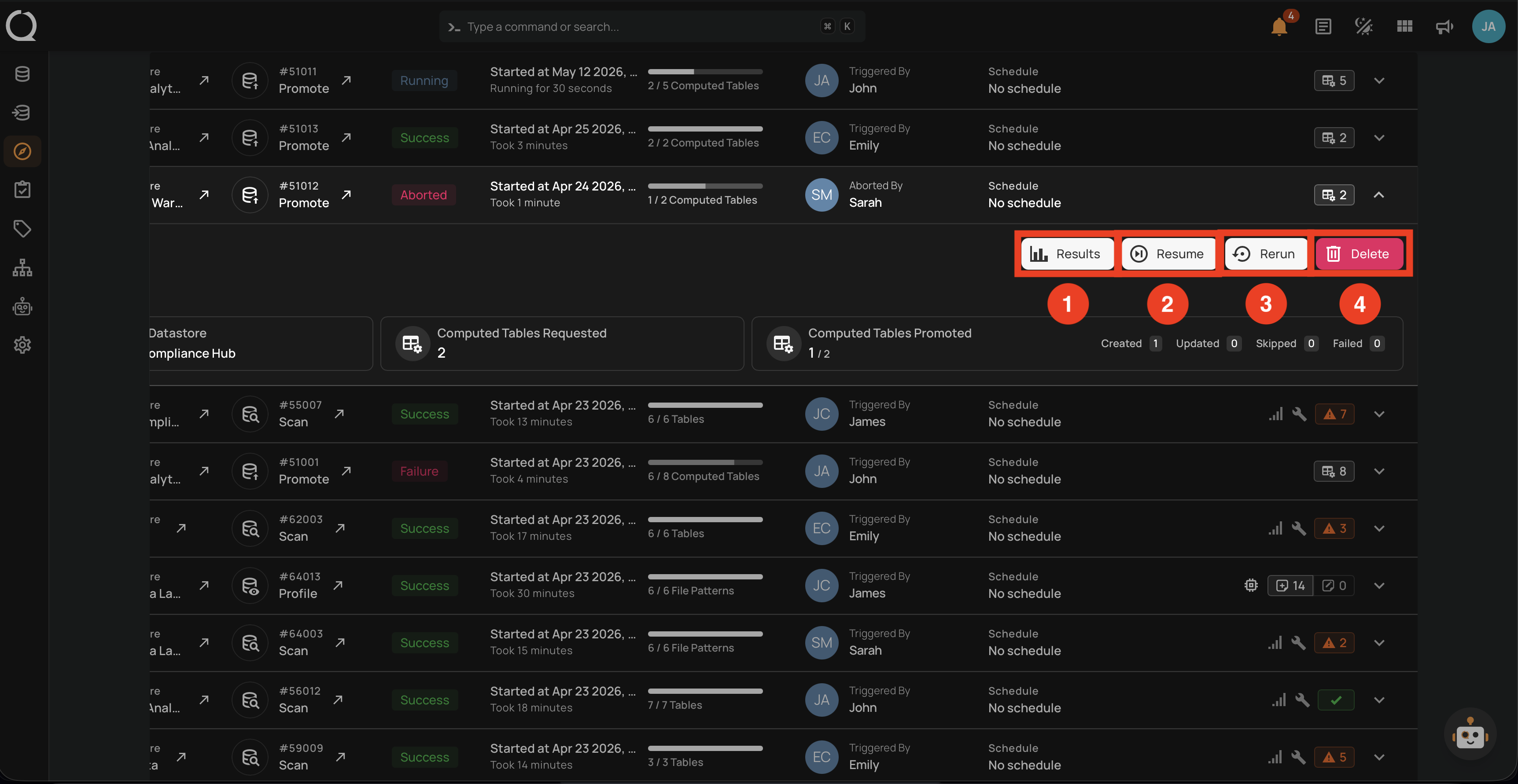 Action buttons exposed on an aborted operation row