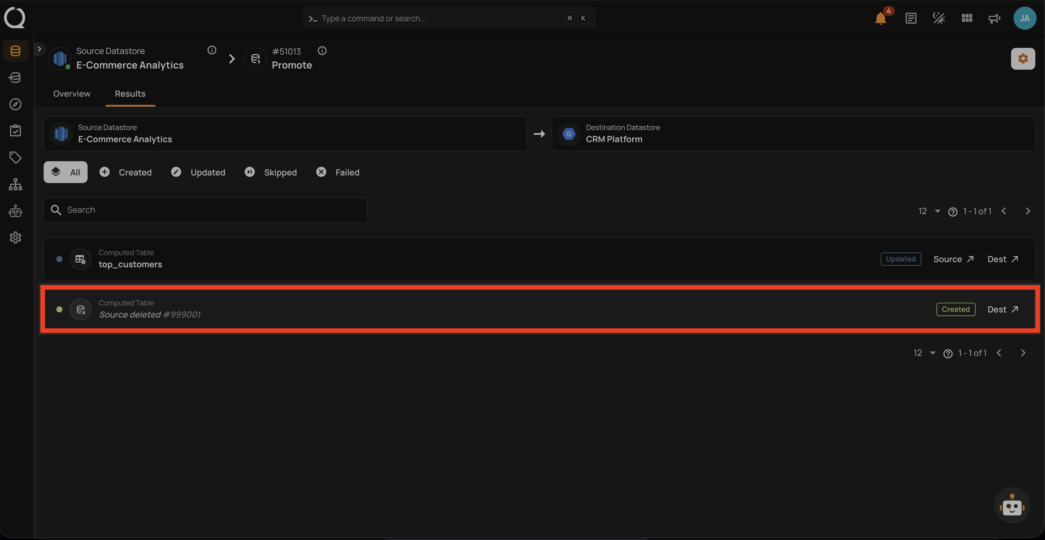 Result row with a deleted source entity