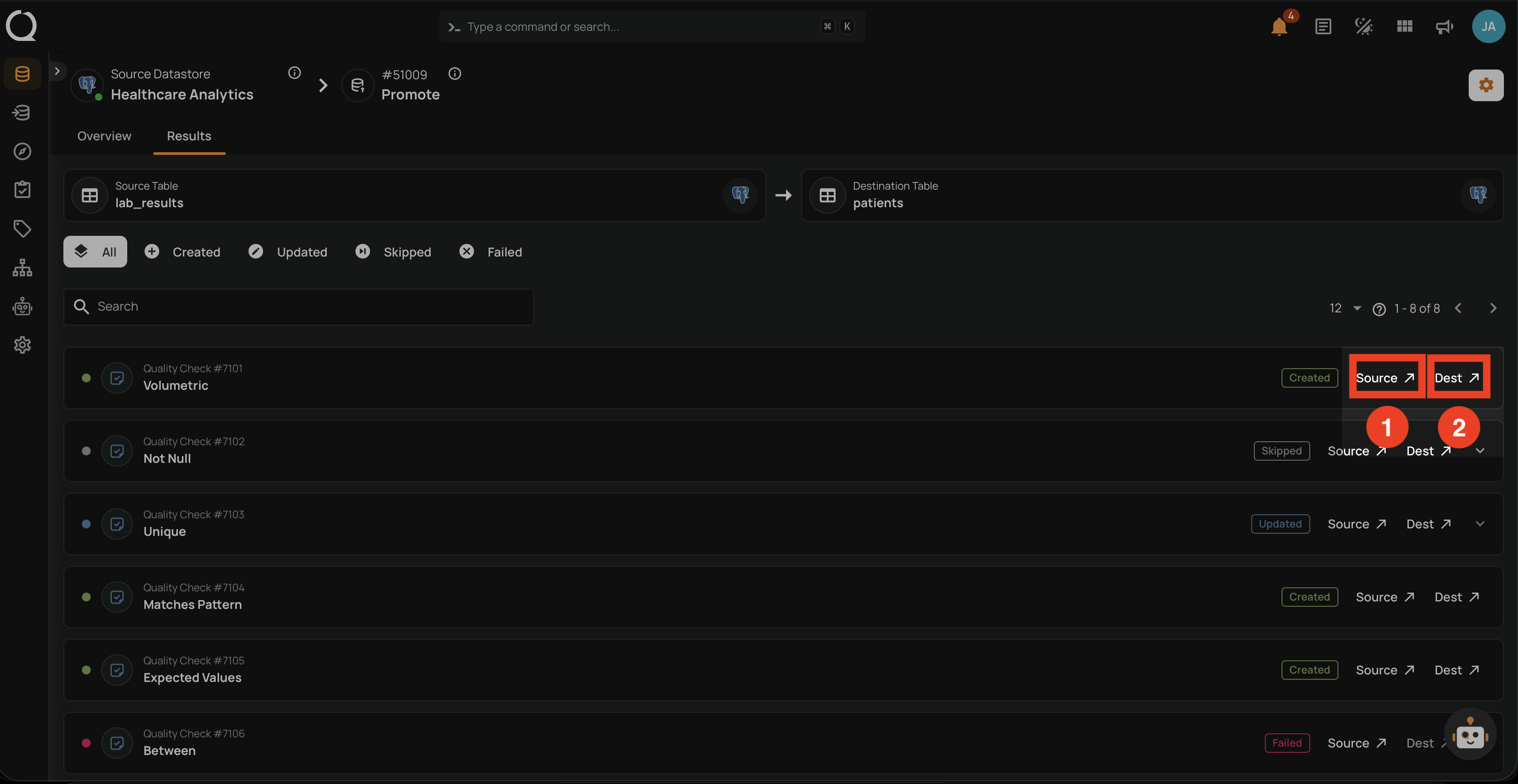 Source and Destination navigation buttons on a result row